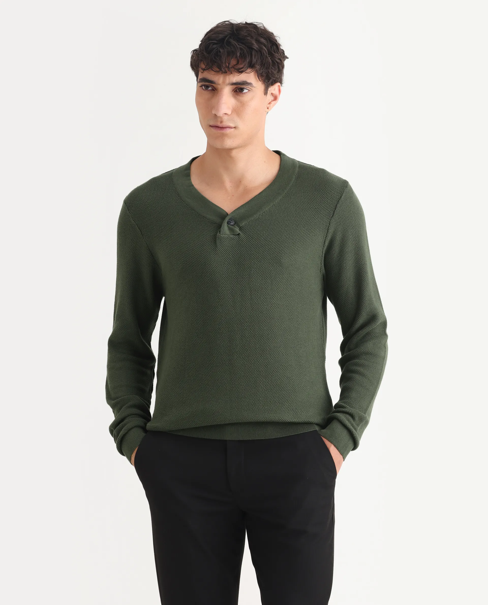 Rare Rabbit Men's Breeze Olive Cotton Plain Regular Fit Full Sleeve V-Neck Sweater - Image 3