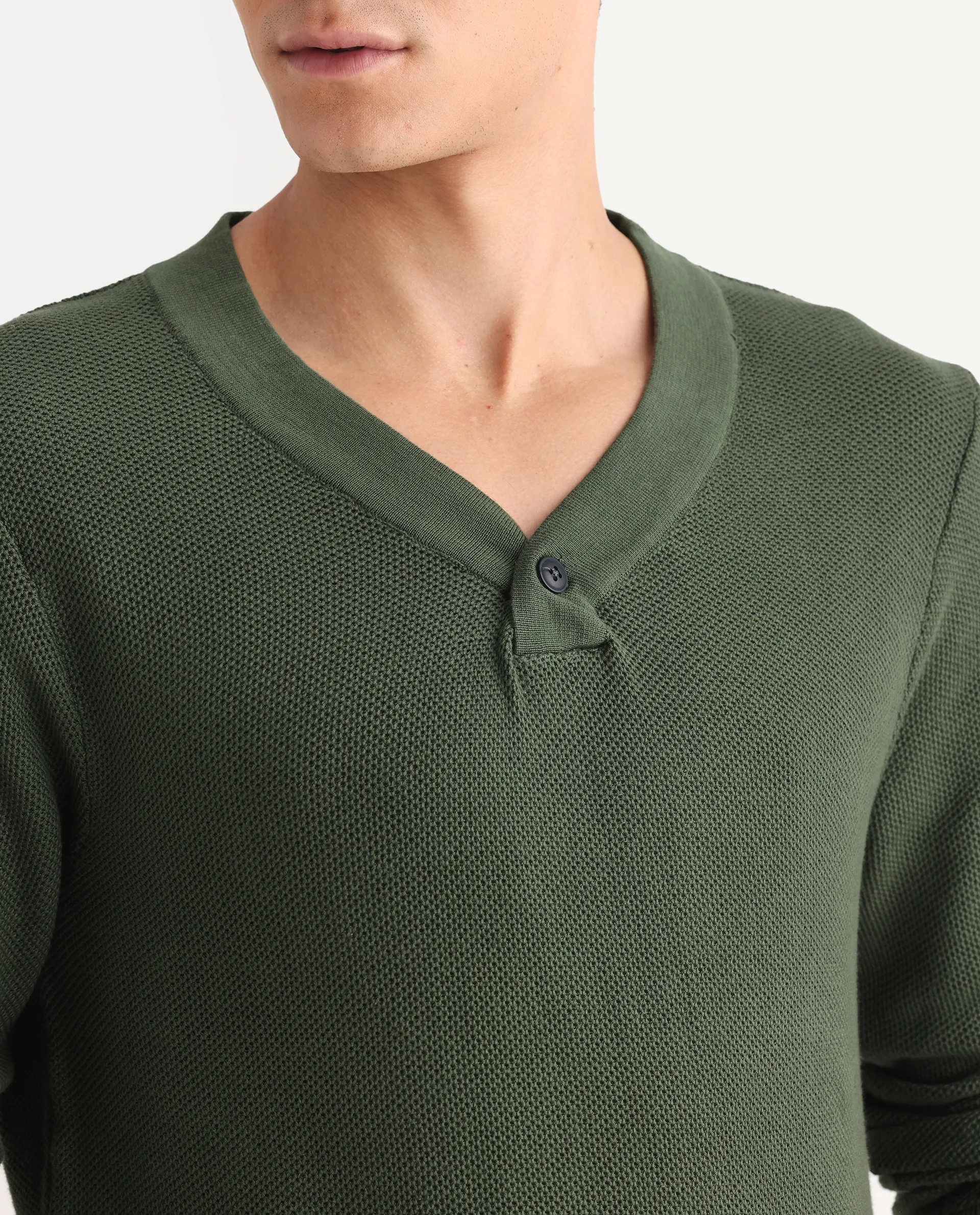 Rare Rabbit Men's Breeze Olive Cotton Plain Regular Fit Full Sleeve V-Neck Sweater - Image 4