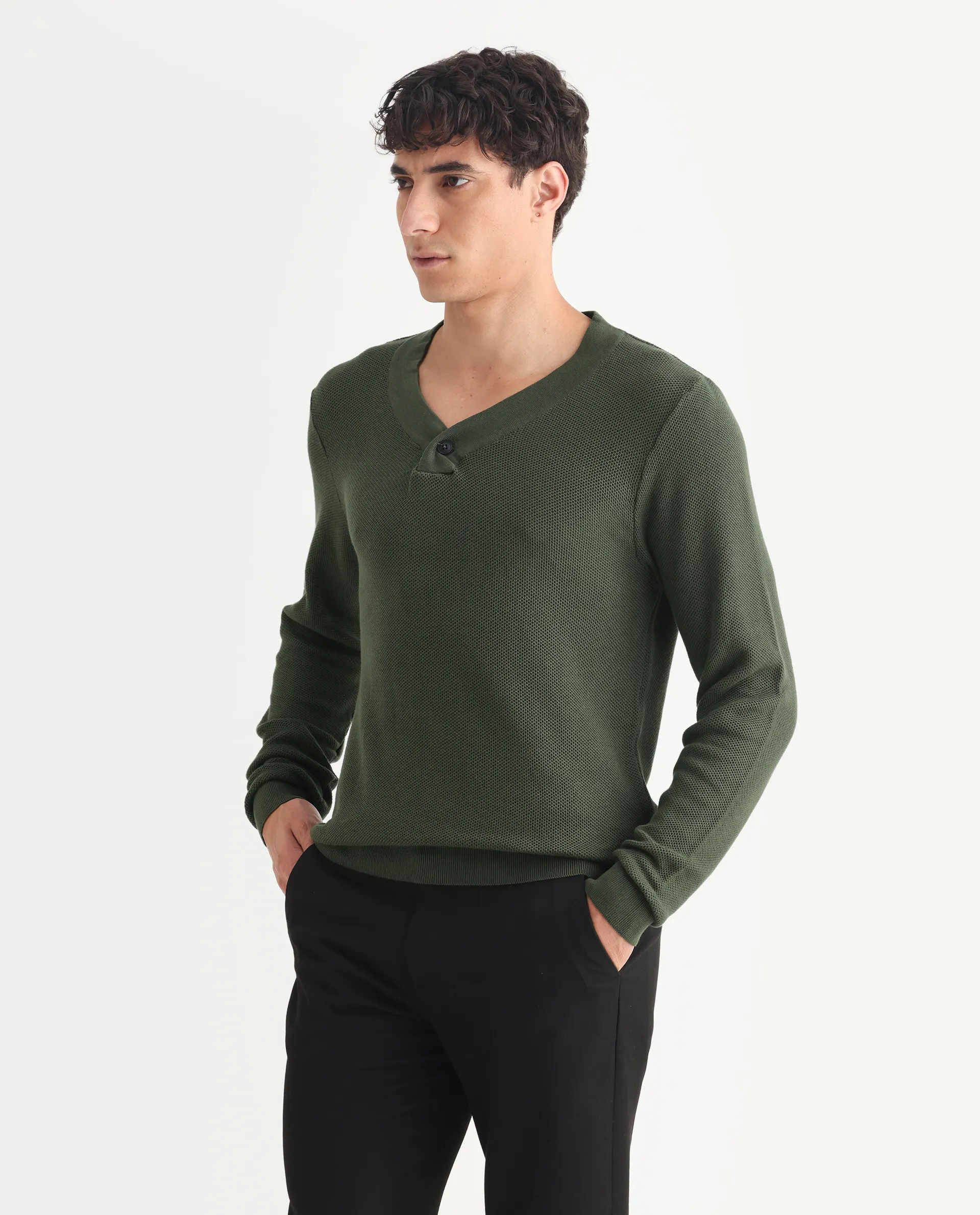 Rare Rabbit Men's Breeze Olive Cotton Plain Regular Fit Full Sleeve V-Neck Sweater - Image 5