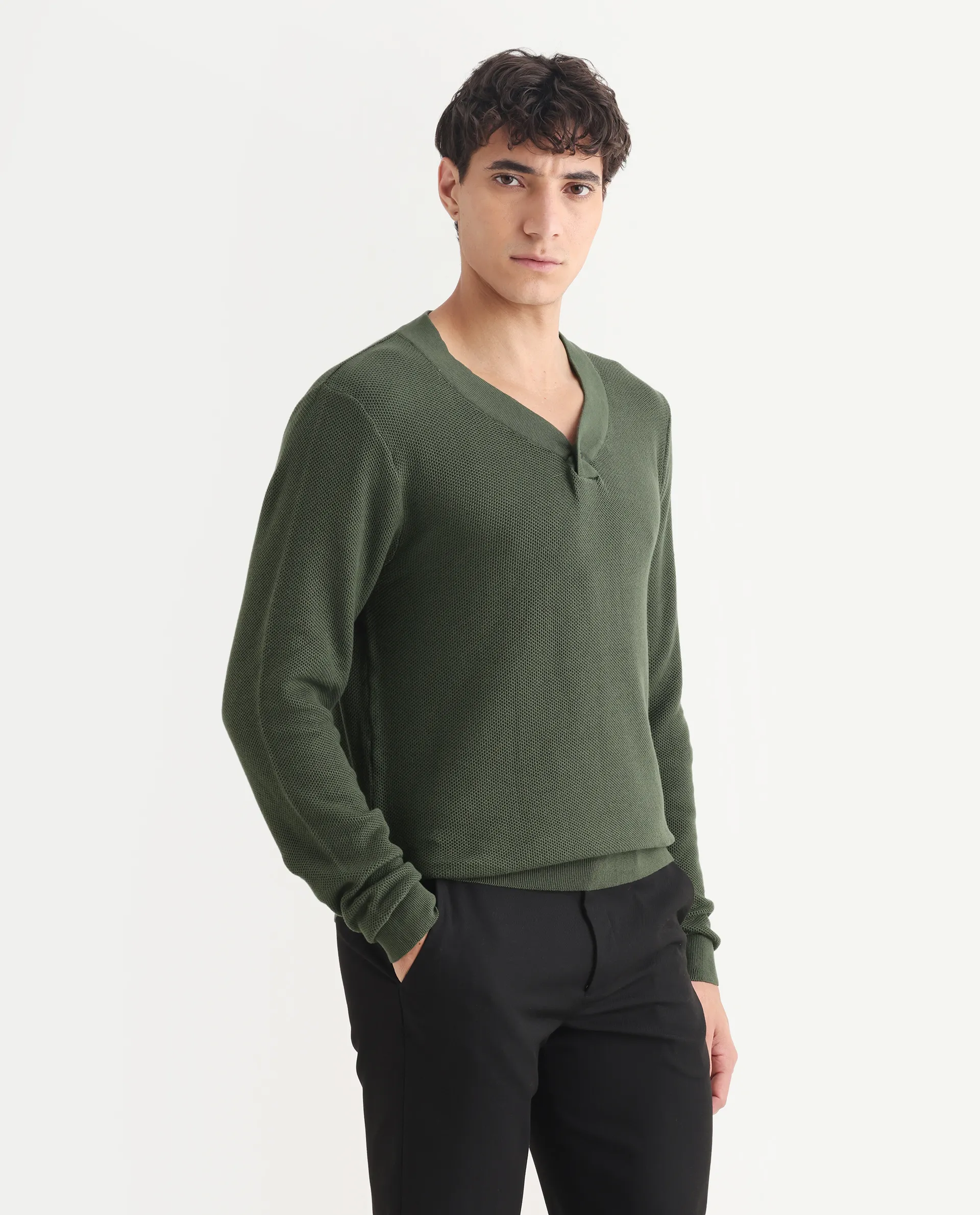Rare Rabbit Men's Breeze Olive Cotton Plain Regular Fit Full Sleeve V-Neck Sweater - Image 6