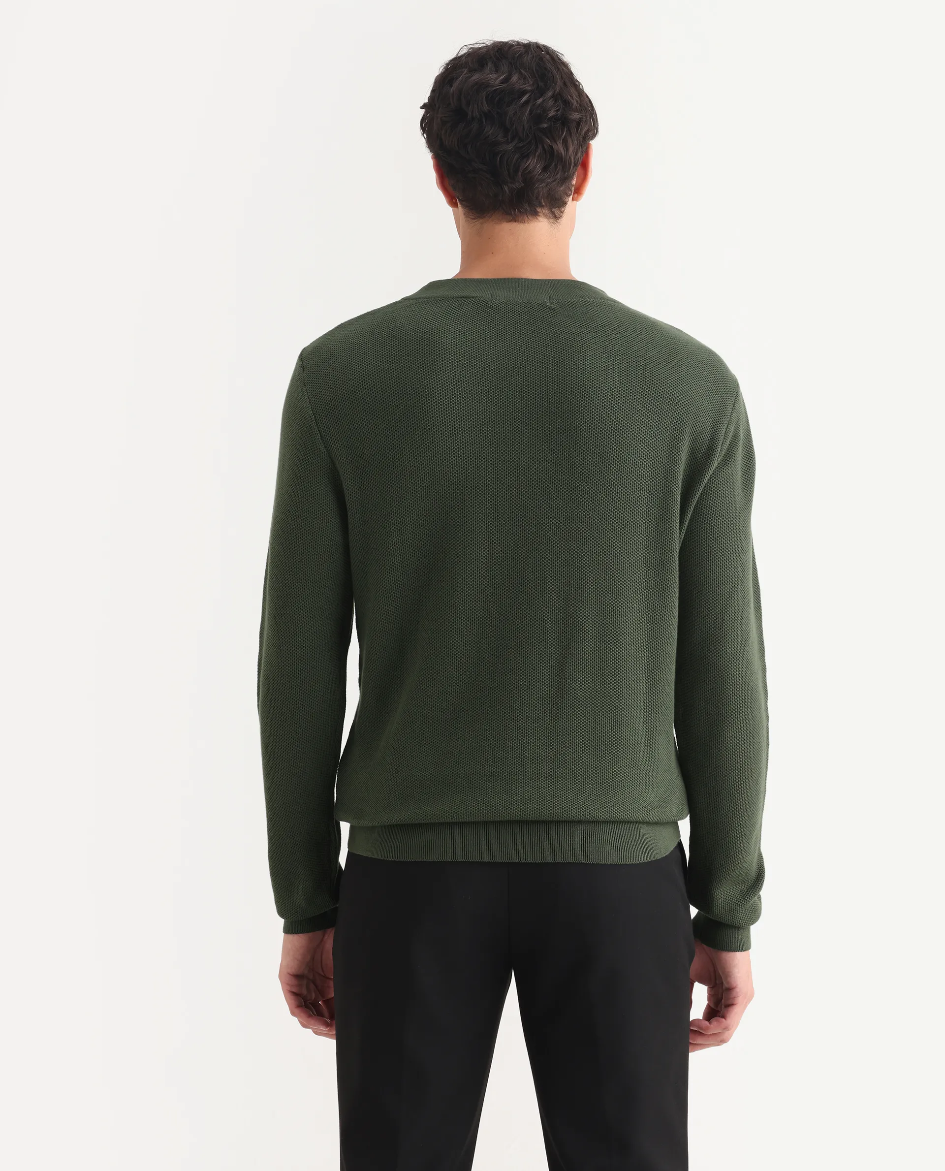 Rare Rabbit Men's Breeze Olive Cotton Plain Regular Fit Full Sleeve V-Neck Sweater - Image 7