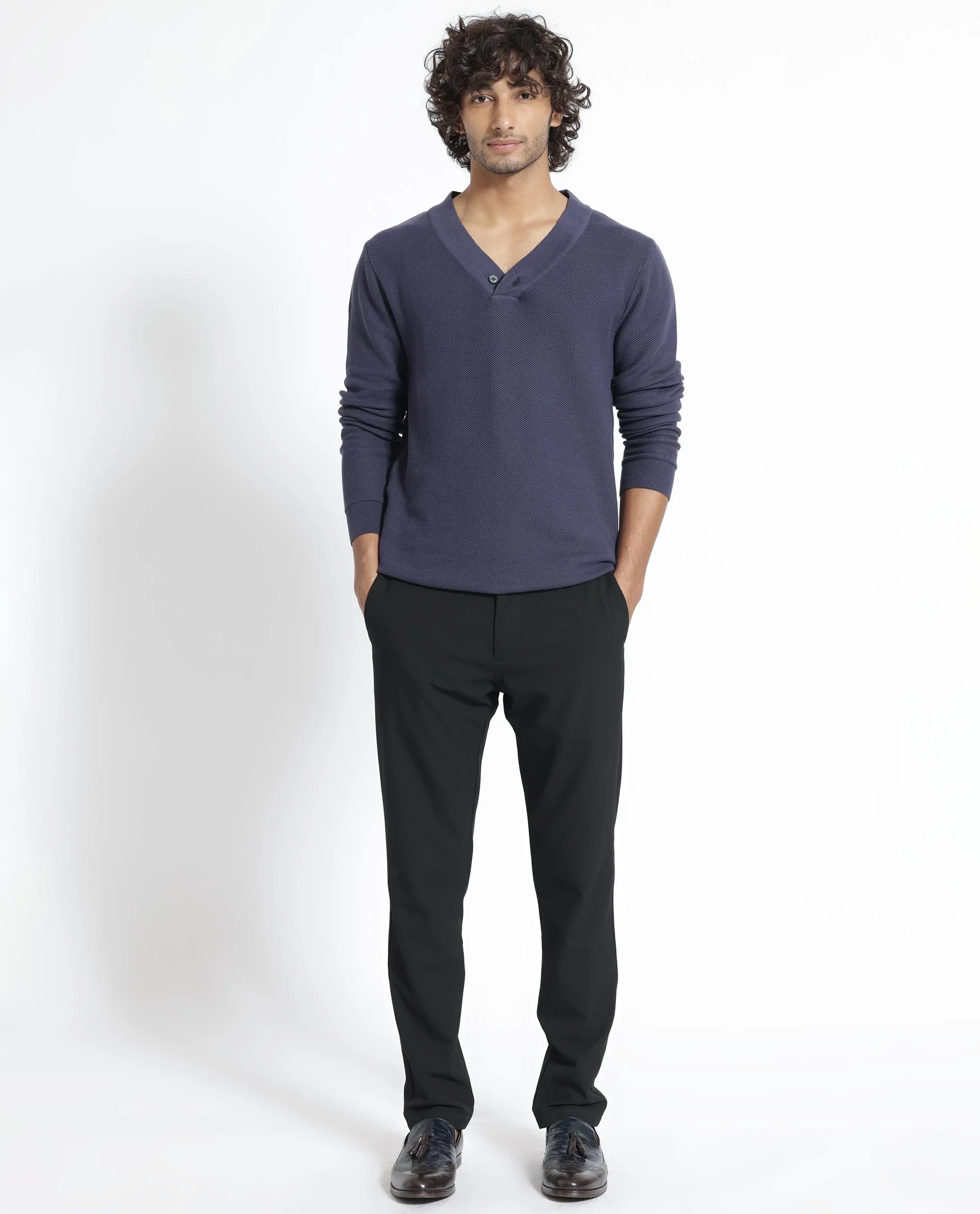 Rare Rabbit Men's Breeze Purple Cotton Plain Regular Fit Full Sleeve V-Neck Sweater - Image 11