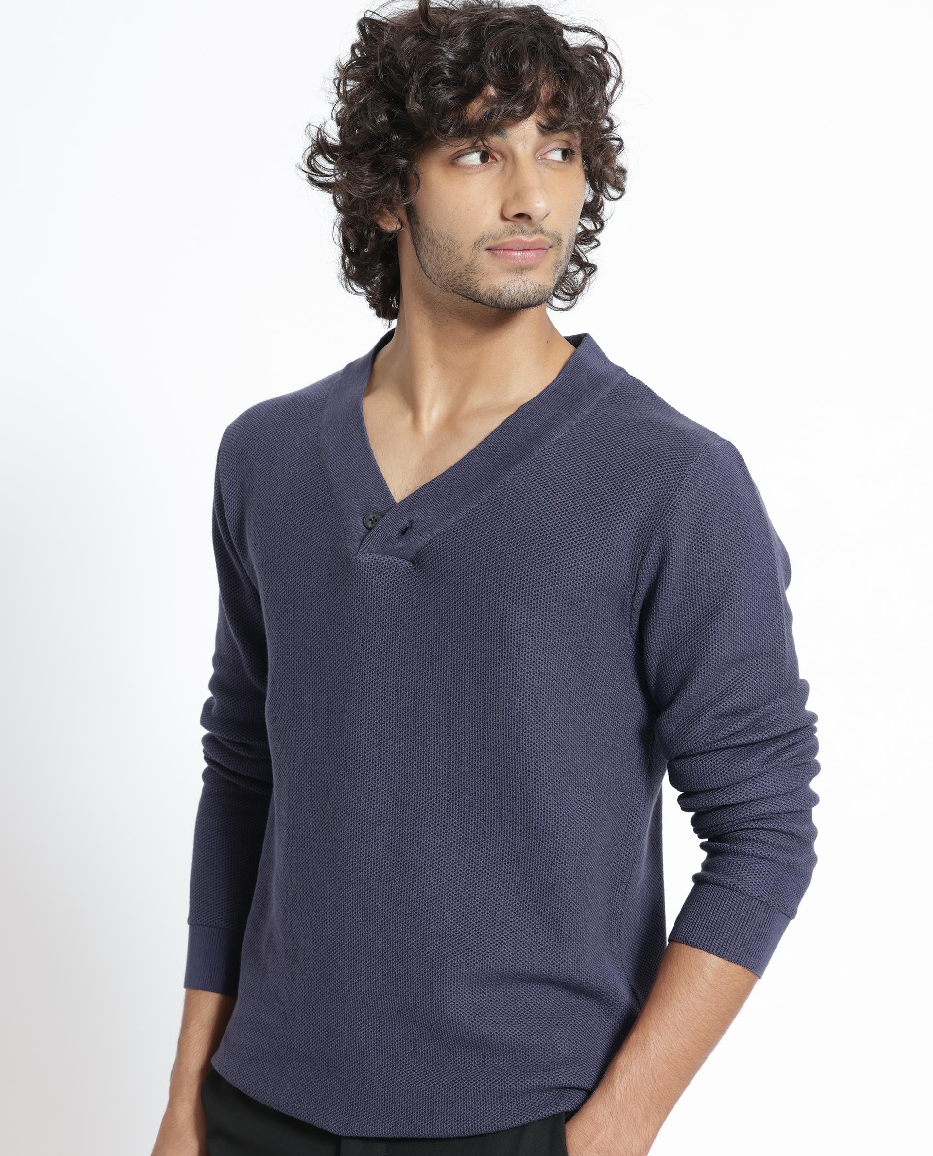 Rare Rabbit Men's Breeze Purple Cotton Plain Regular Fit Full Sleeve V-Neck Sweater - Image 12