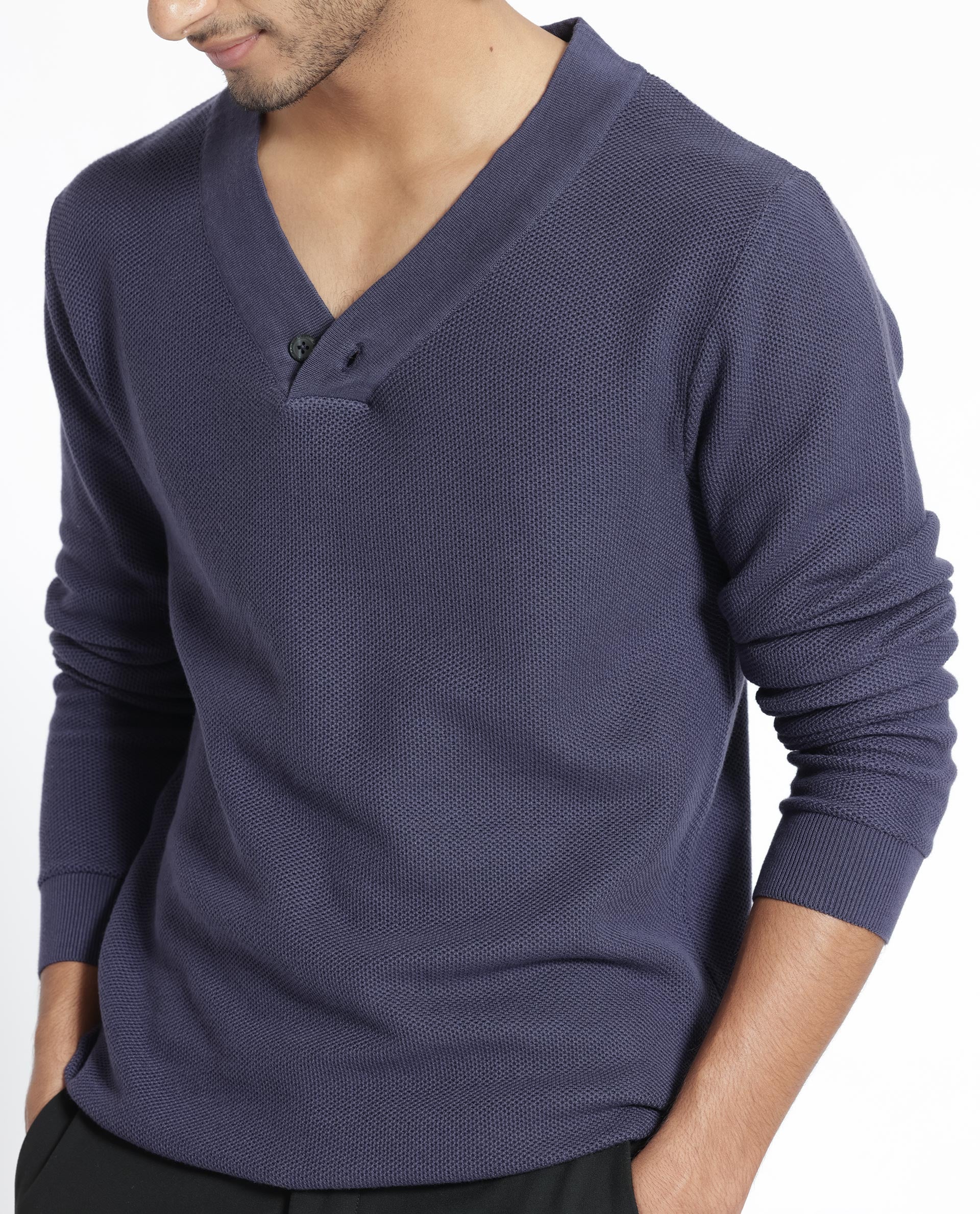 Rare Rabbit Men's Breeze Purple Cotton Plain Regular Fit Full Sleeve V-Neck Sweater - Image 14