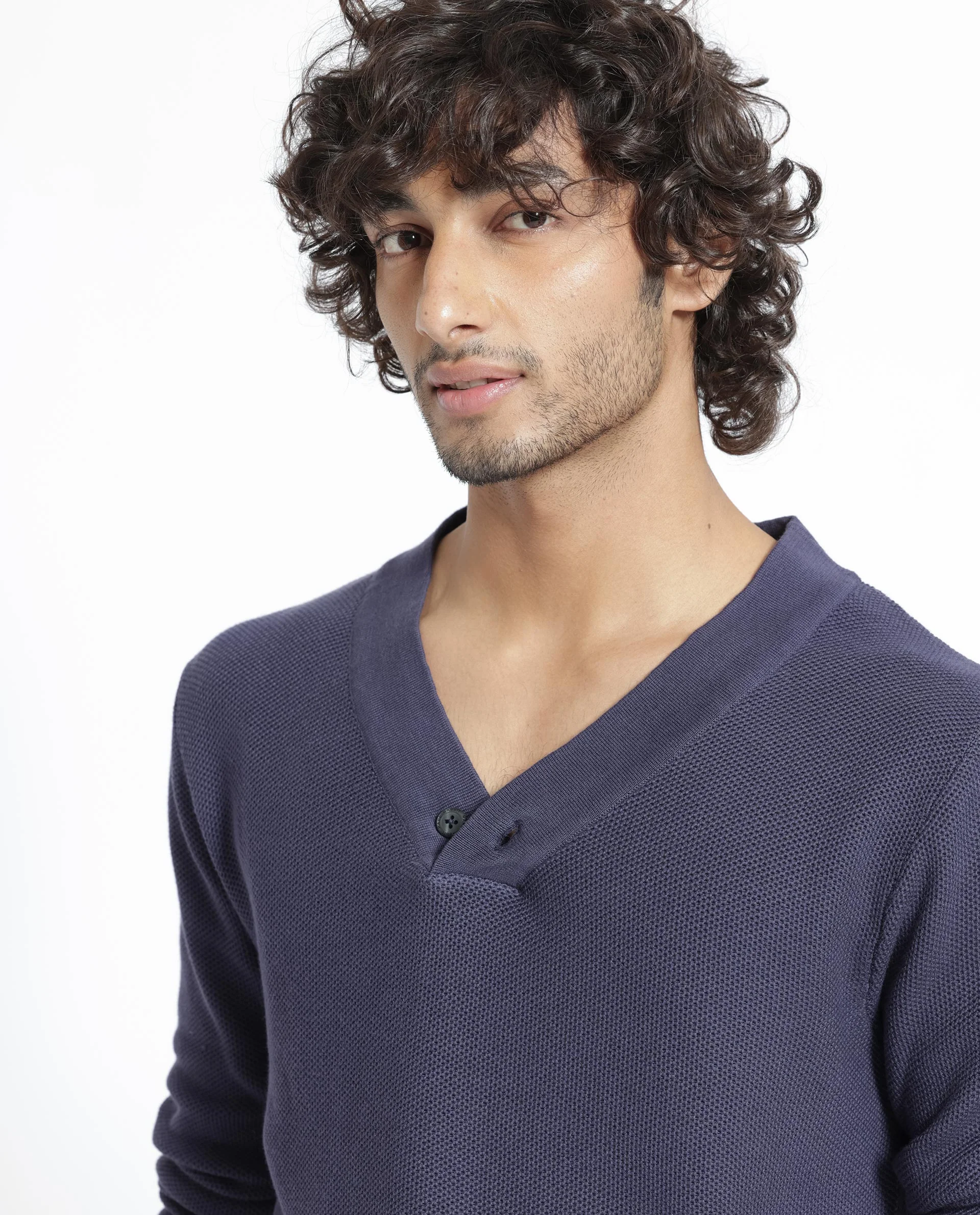 Rare Rabbit Men's Breeze Purple Cotton Plain Regular Fit Full Sleeve V-Neck Sweater - Image 15