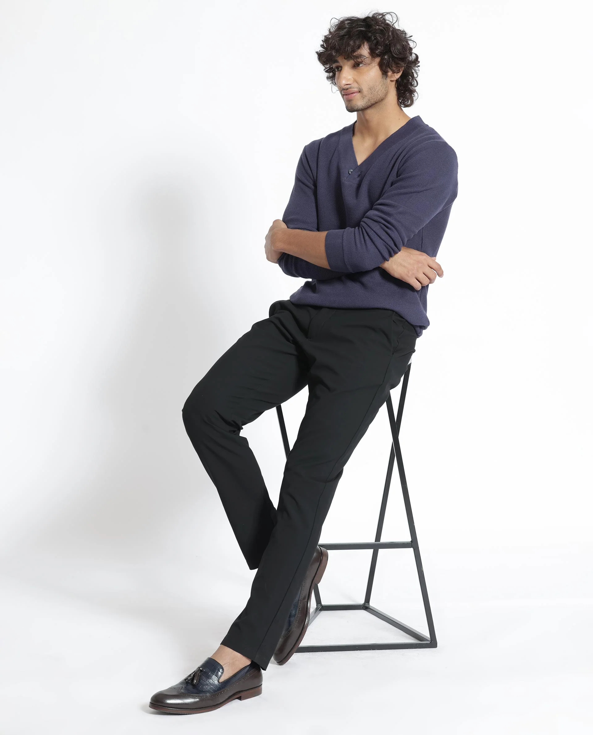 Rare Rabbit Men's Breeze Purple Cotton Plain Regular Fit Full Sleeve V-Neck Sweater - Image 3