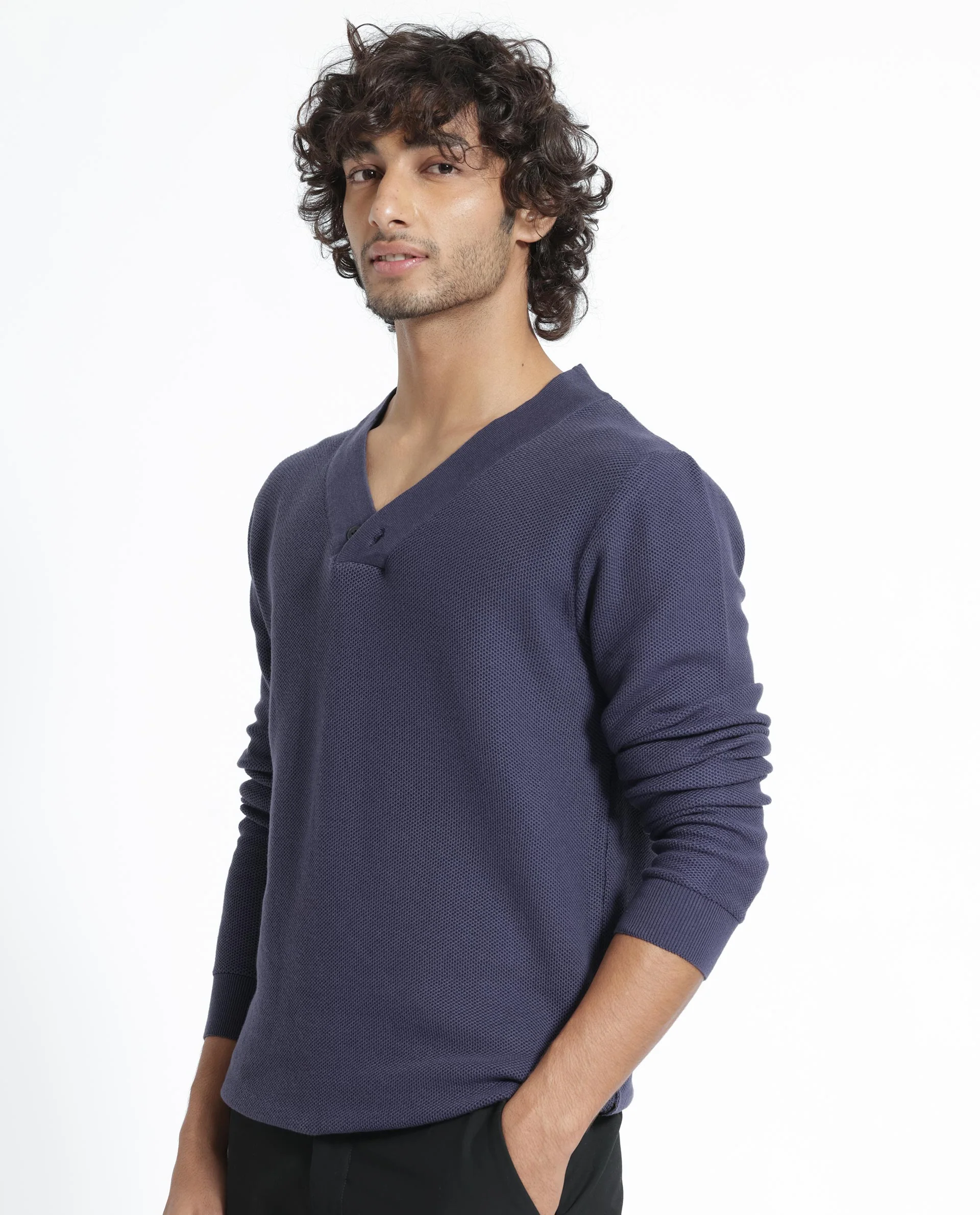 Rare Rabbit Men's Breeze Purple Cotton Plain Regular Fit Full Sleeve V-Neck Sweater - Image 6