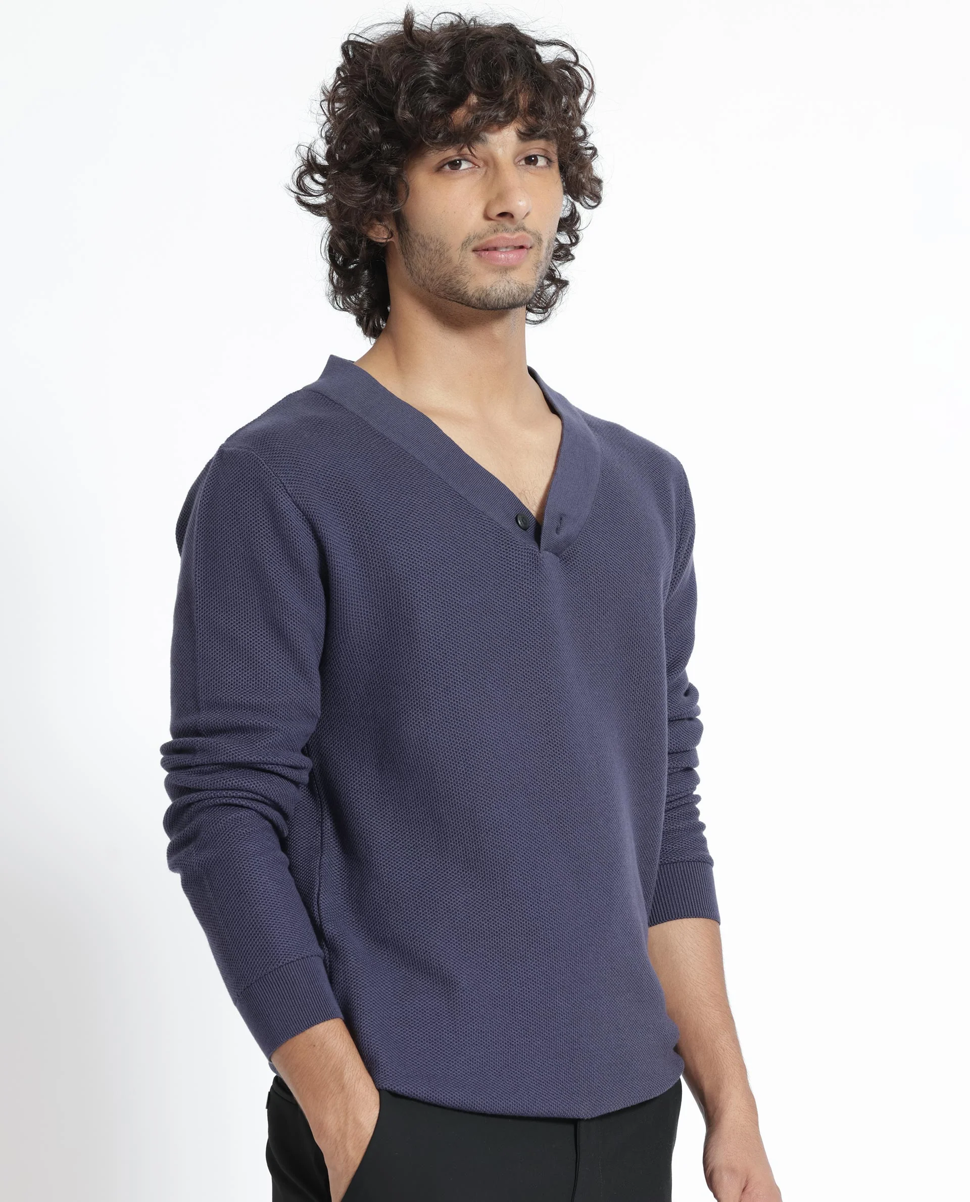 Rare Rabbit Men's Breeze Purple Cotton Plain Regular Fit Full Sleeve V-Neck Sweater - Image 7
