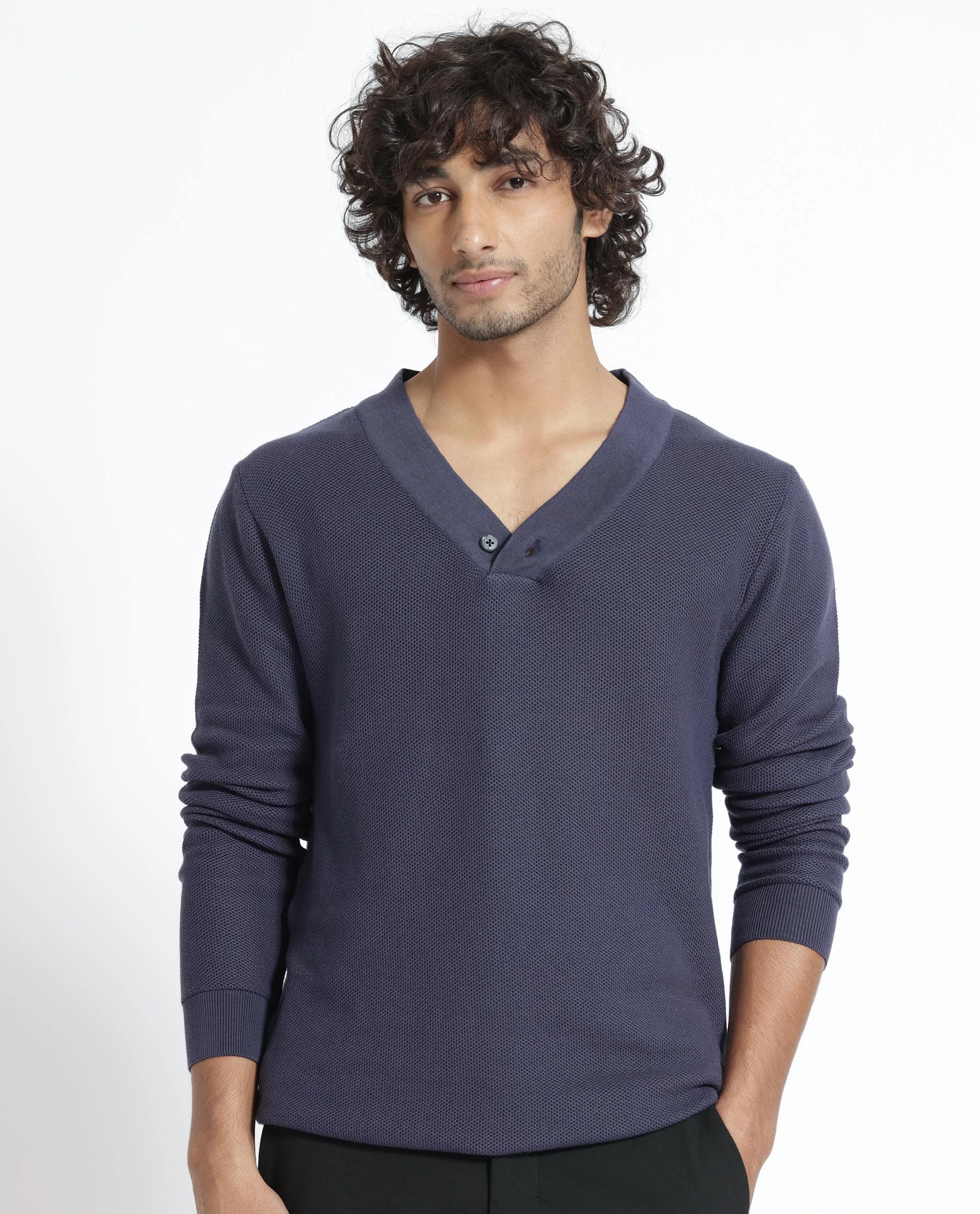 Rare Rabbit Men's Breeze Purple Cotton Plain Regular Fit Full Sleeve V-Neck Sweater - Image 8