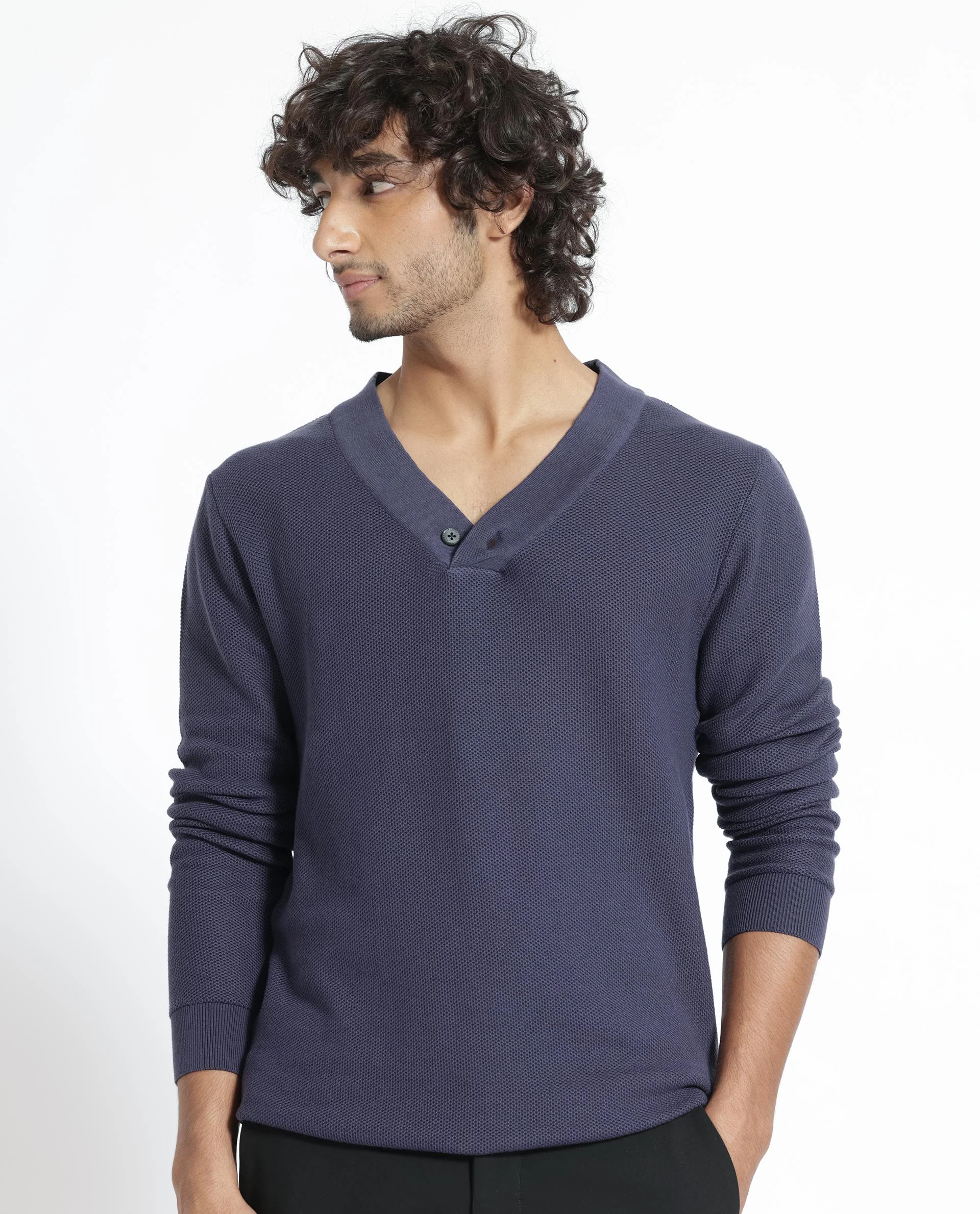 Rare Rabbit Men's Breeze Purple Cotton Plain Regular Fit Full Sleeve V-Neck Sweater - Image 9