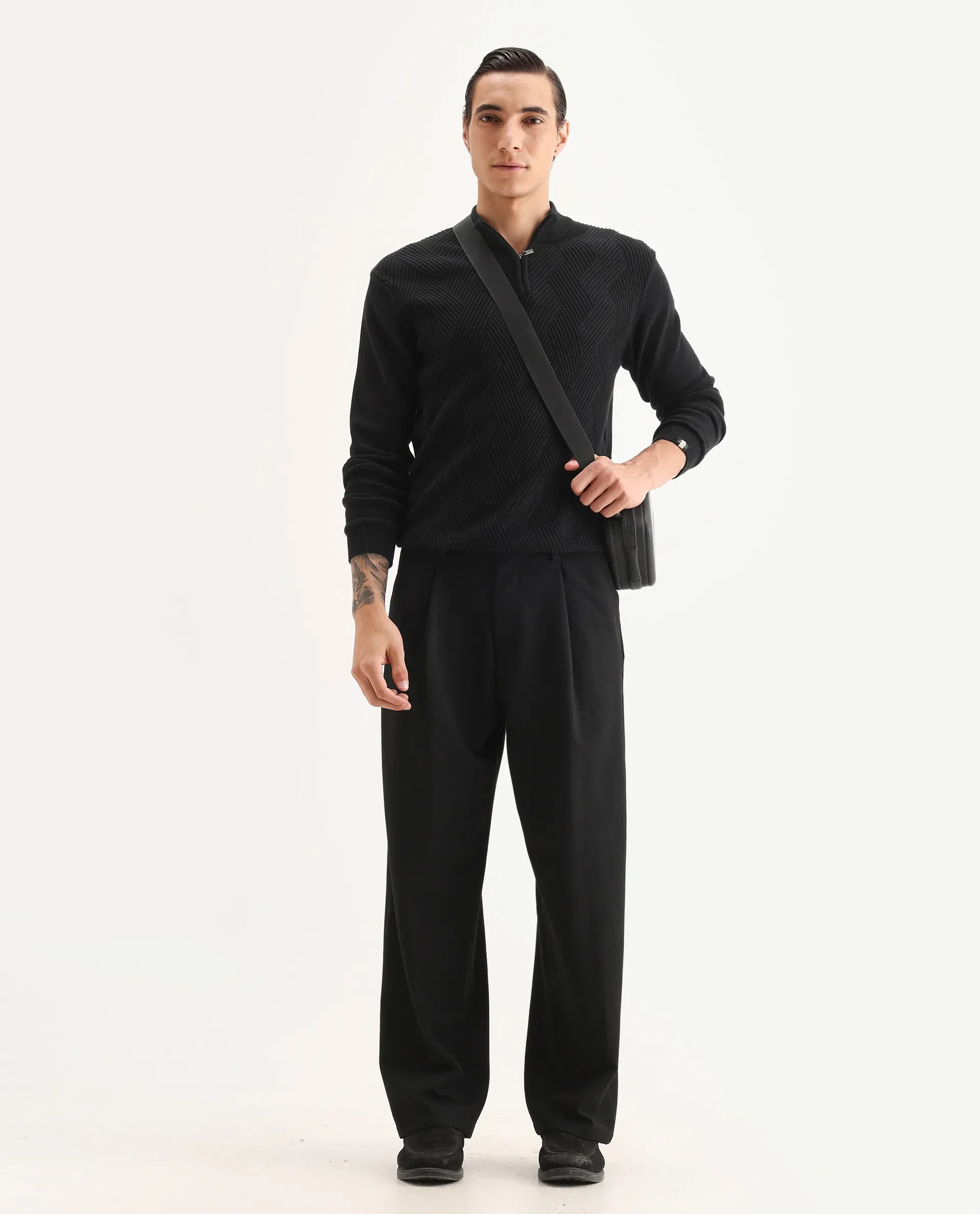 Rare Rabbit Men's Brelint Black Cotton Blend Plain Relaxed Fit Trouser