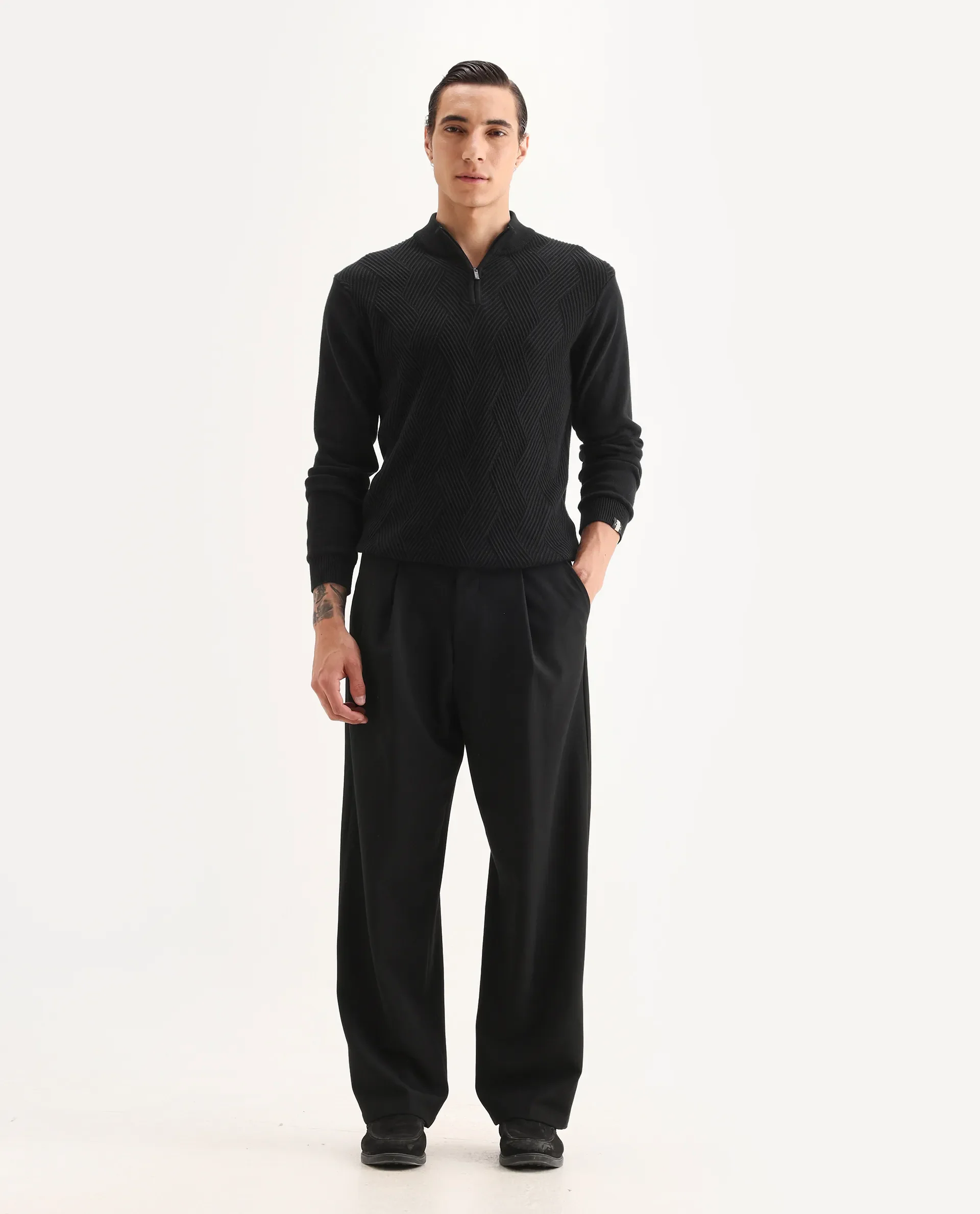 Rare Rabbit Men's Brelint Black Cotton Blend Plain Relaxed Fit Trouser - Image 5