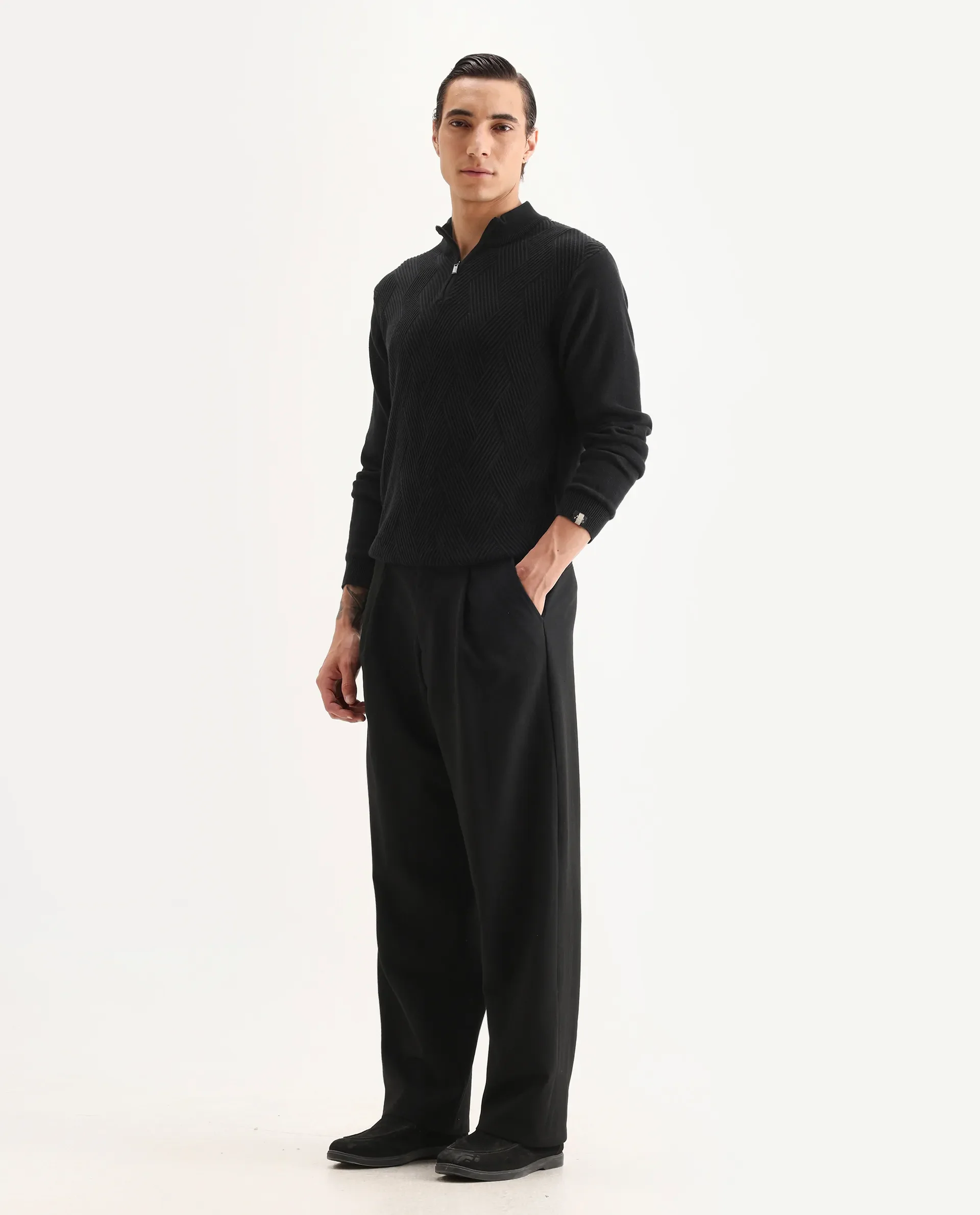 Rare Rabbit Men's Brelint Black Cotton Blend Plain Relaxed Fit Trouser - Image 6