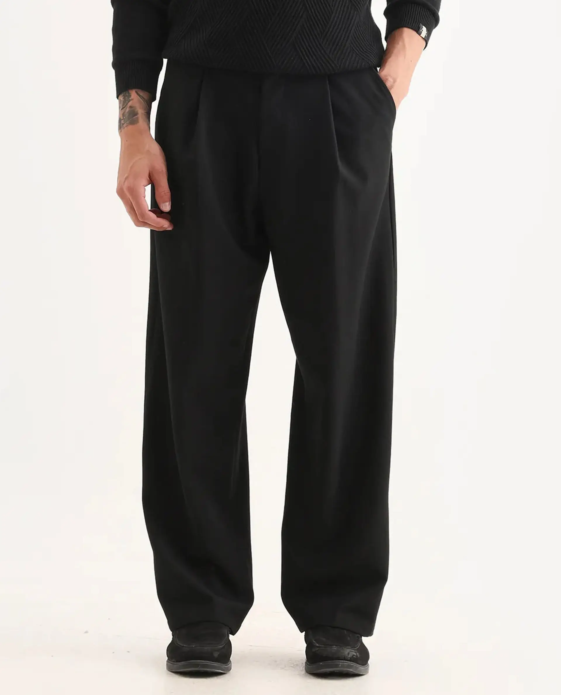 Rare Rabbit Men's Brelint Black Cotton Blend Plain Relaxed Fit Trouser - Image 9