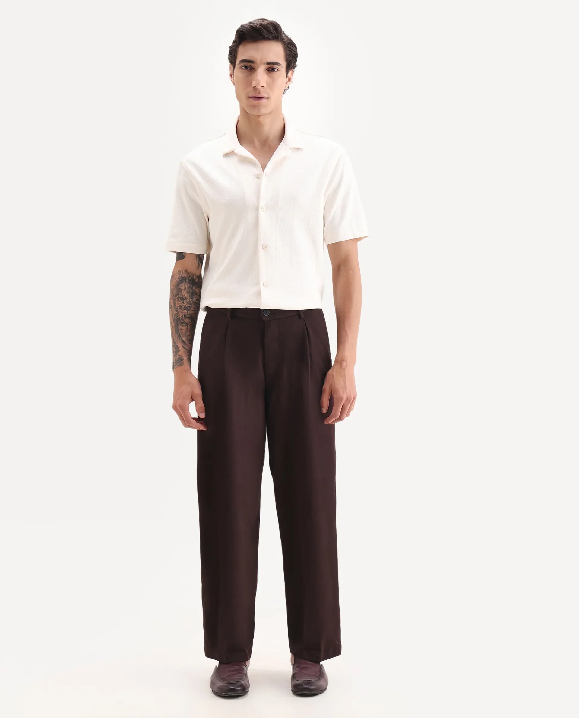 Rare Rabbit Men's Brelint Maroon Cotton Blend Plain Relaxed Fit Trouser