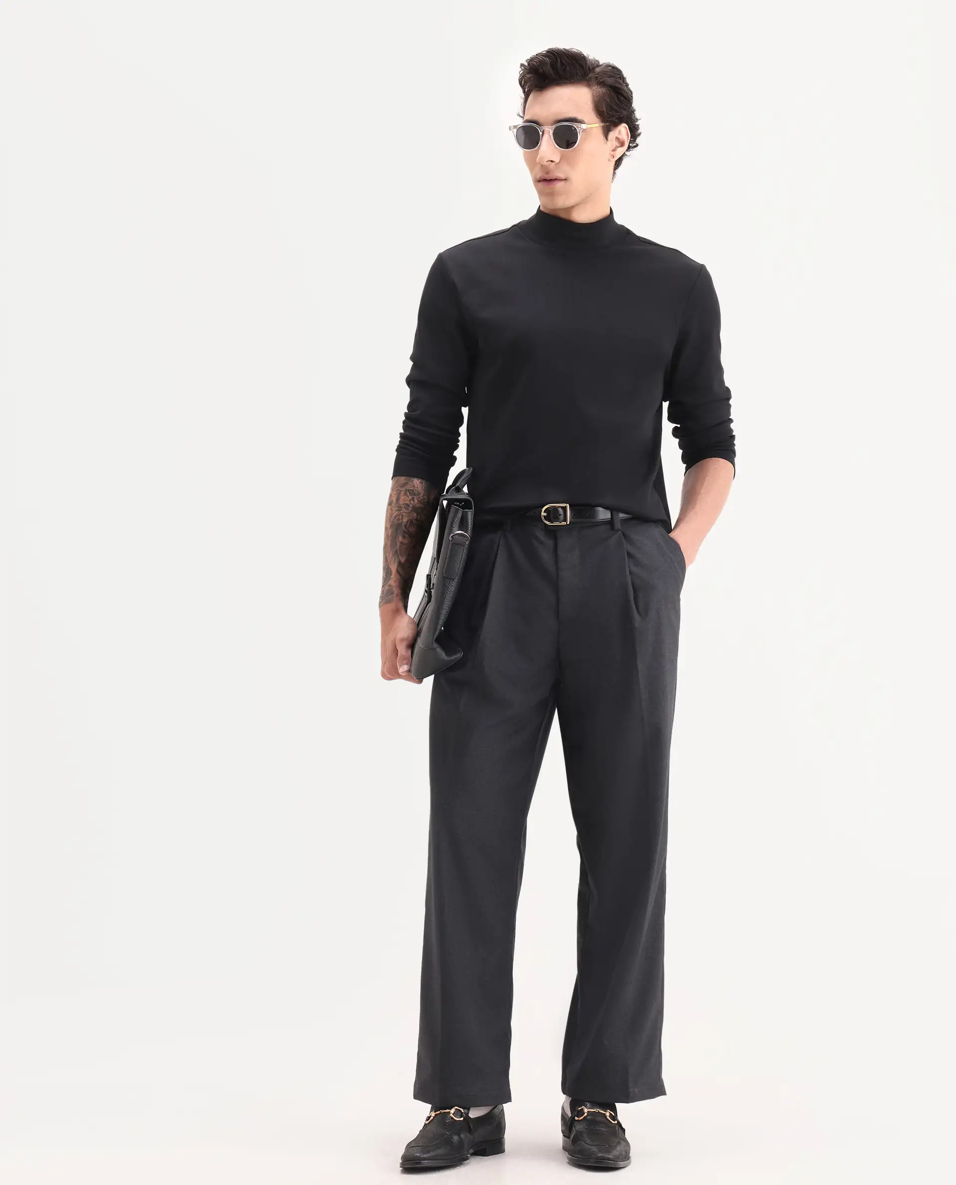 Rare Rabbit Men's Brelint Navy Cotton Blend Plain Relaxed Fit Trouser