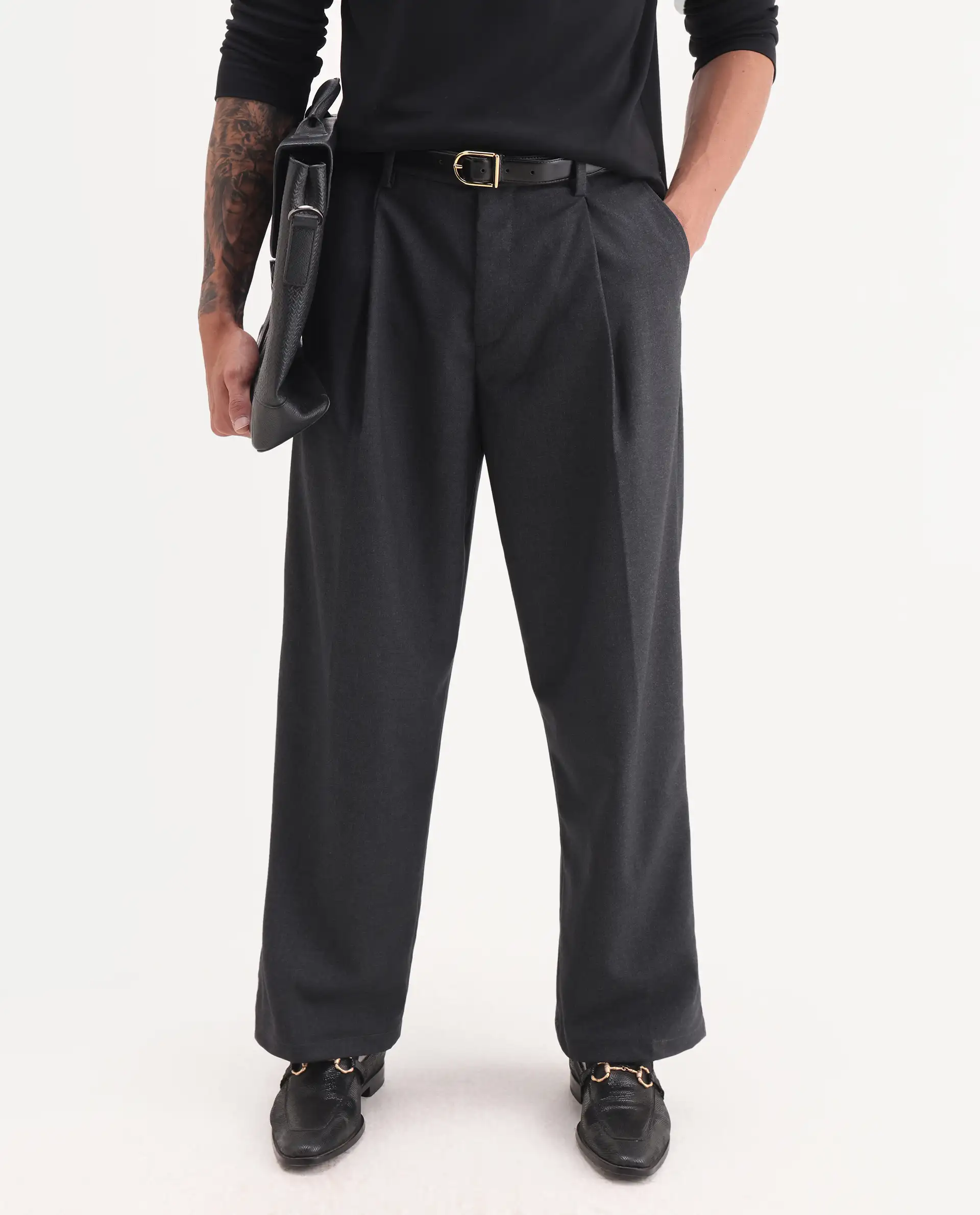 Rare Rabbit Men's Brelint Navy Cotton Blend Plain Relaxed Fit Trouser - Image 2