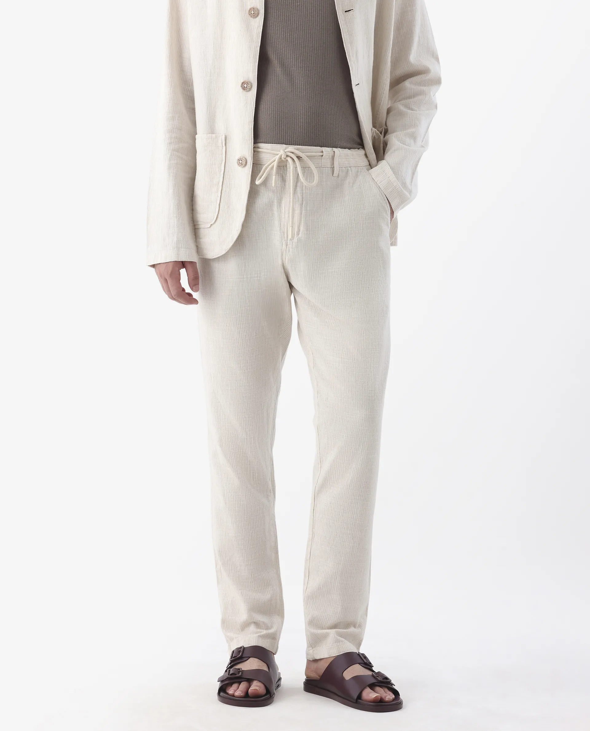 Rare Rabbit Men's Brera Beige Linen Blend Striped Print Regular Fit Trouser - Image 2
