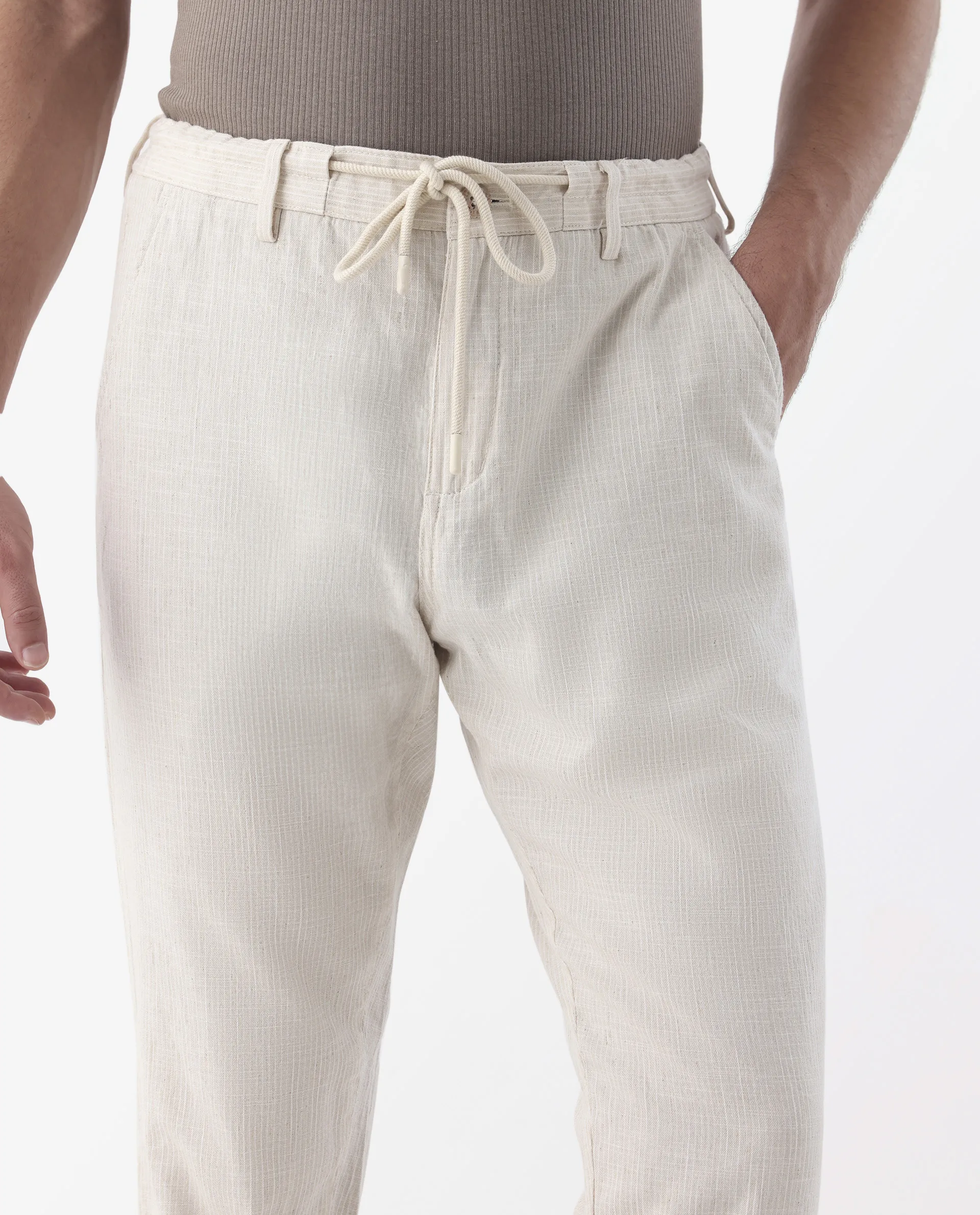 Rare Rabbit Men's Brera Beige Linen Blend Striped Print Regular Fit Trouser - Image 3