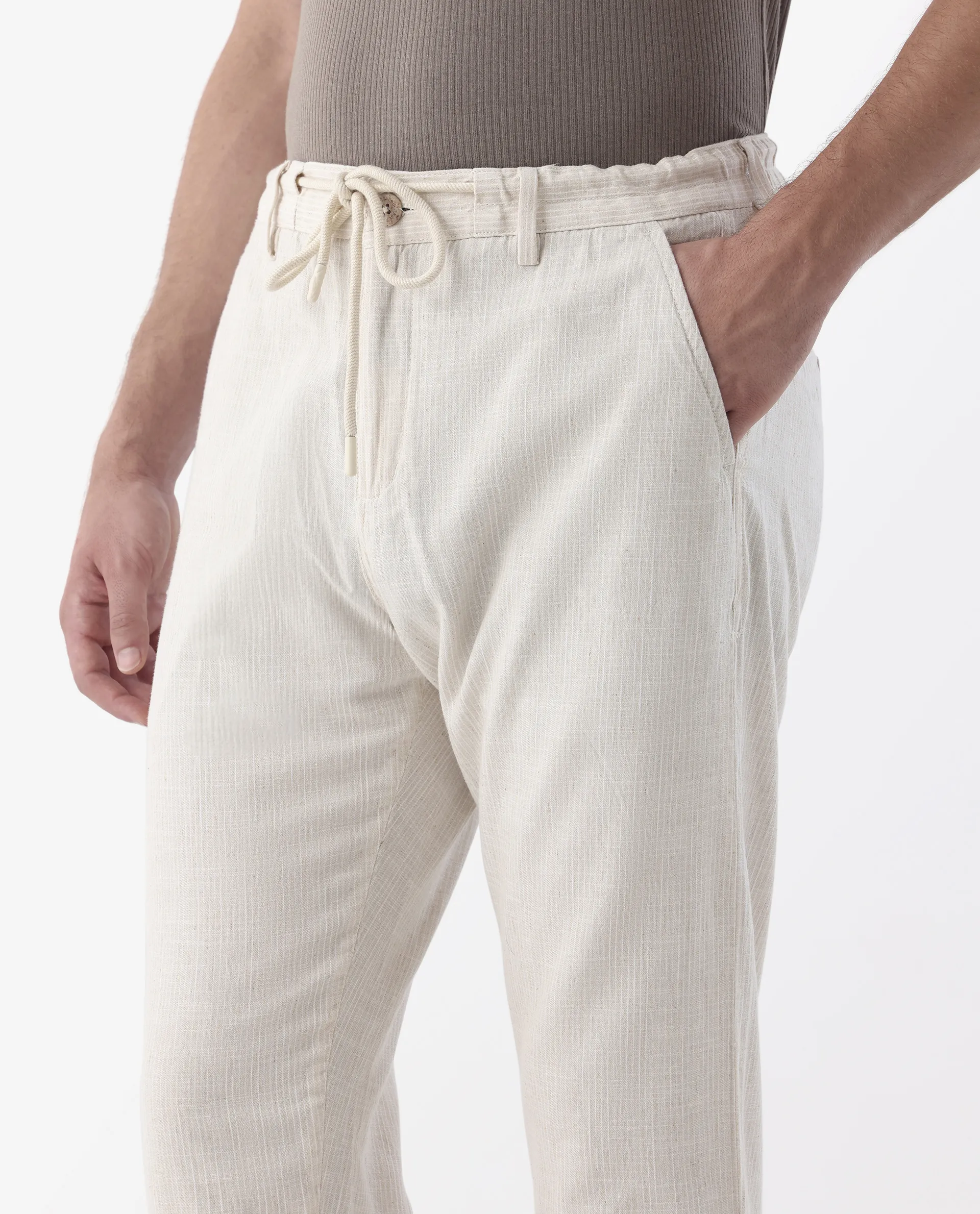Rare Rabbit Men's Brera Beige Linen Blend Striped Print Regular Fit Trouser - Image 4