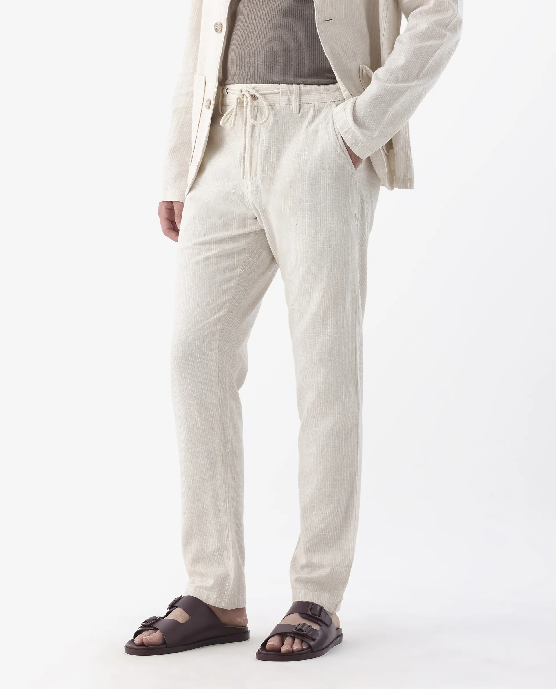 Rare Rabbit Men's Brera Beige Linen Blend Striped Print Regular Fit Trouser - Image 5