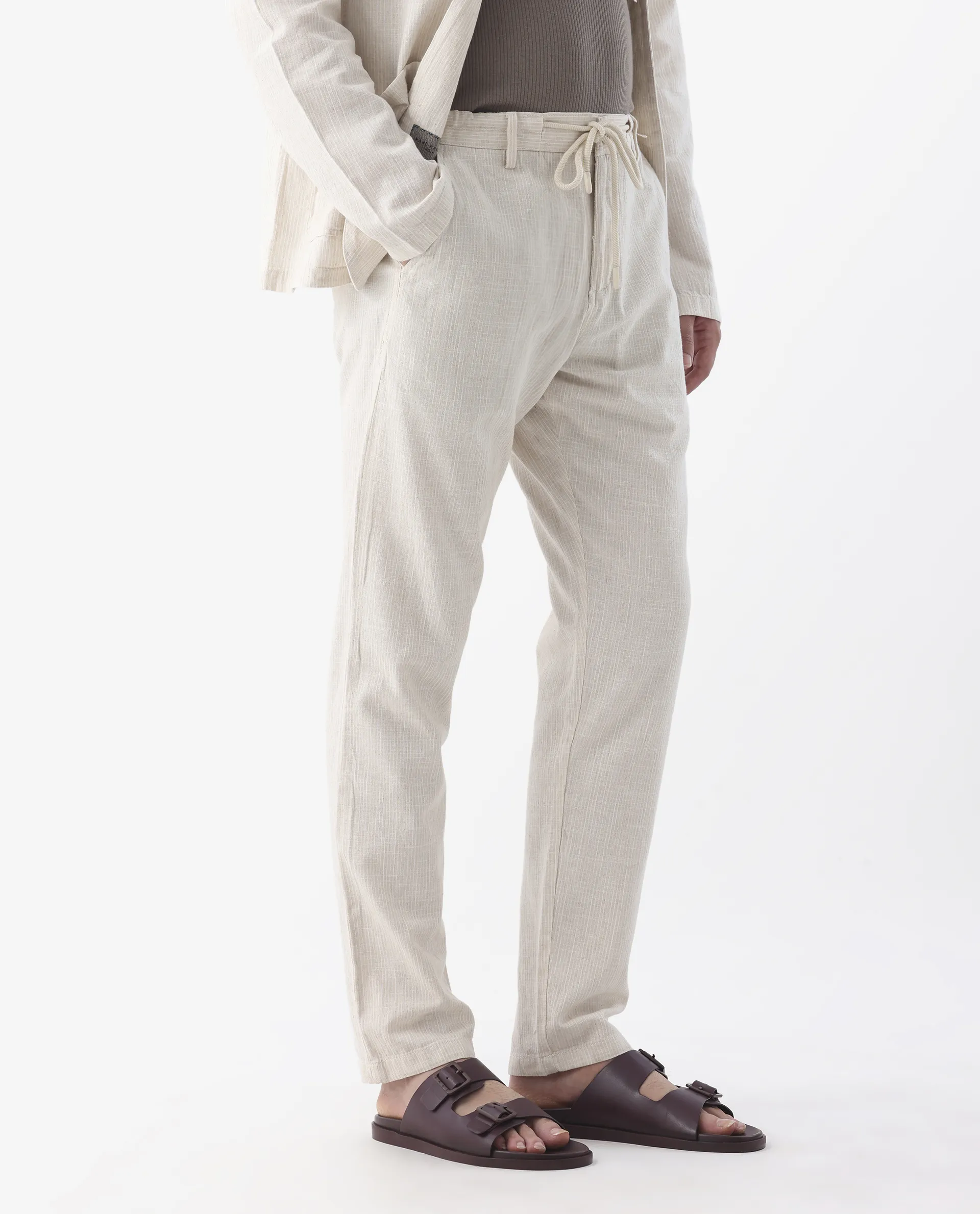 Rare Rabbit Men's Brera Beige Linen Blend Striped Print Regular Fit Trouser - Image 6