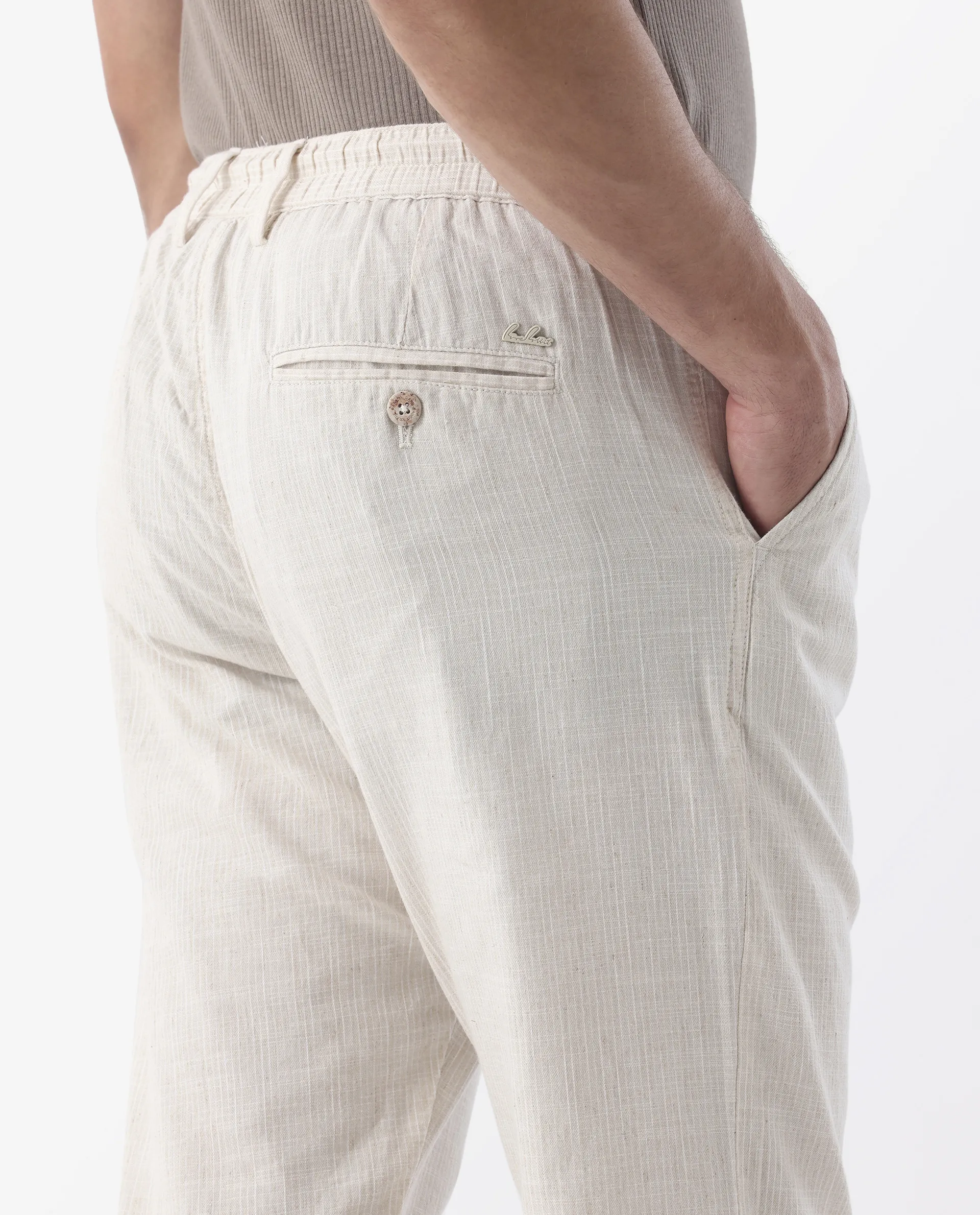 Rare Rabbit Men's Brera Beige Linen Blend Striped Print Regular Fit Trouser - Image 7
