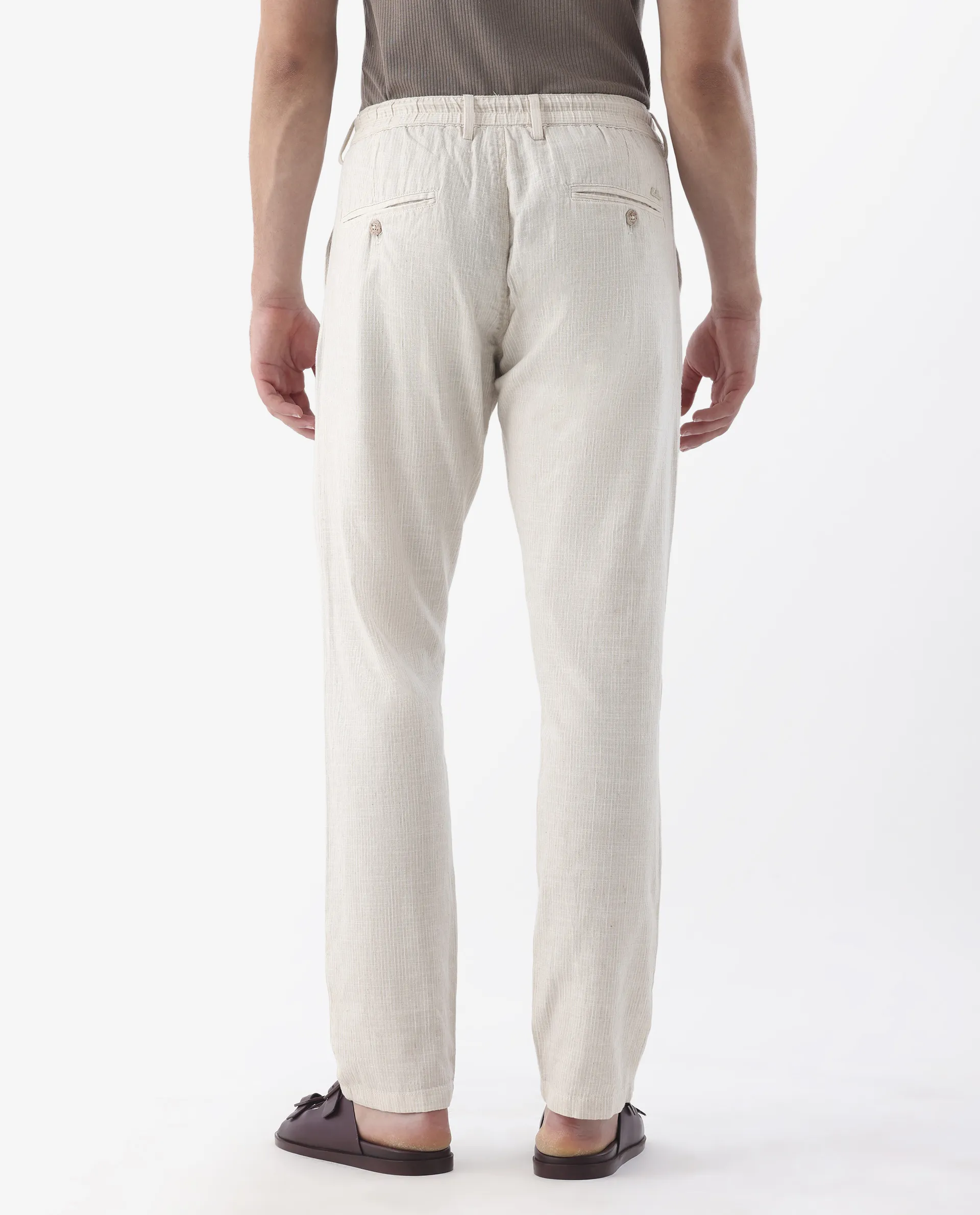 Rare Rabbit Men's Brera Beige Linen Blend Striped Print Regular Fit Trouser - Image 8