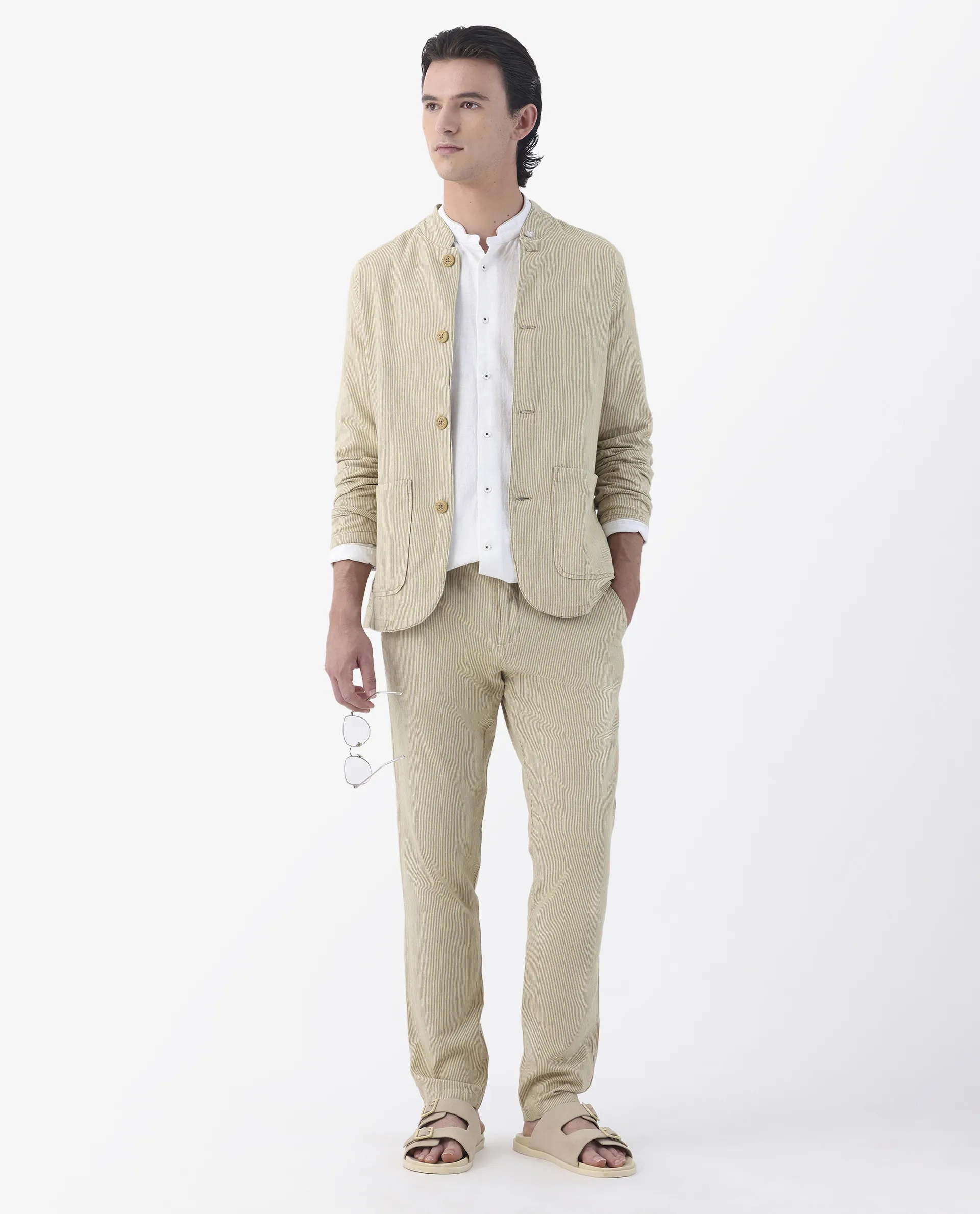 Rare Rabbit Men's Brera Mustard Linen Blend Striped Print Regular Fit Trouser