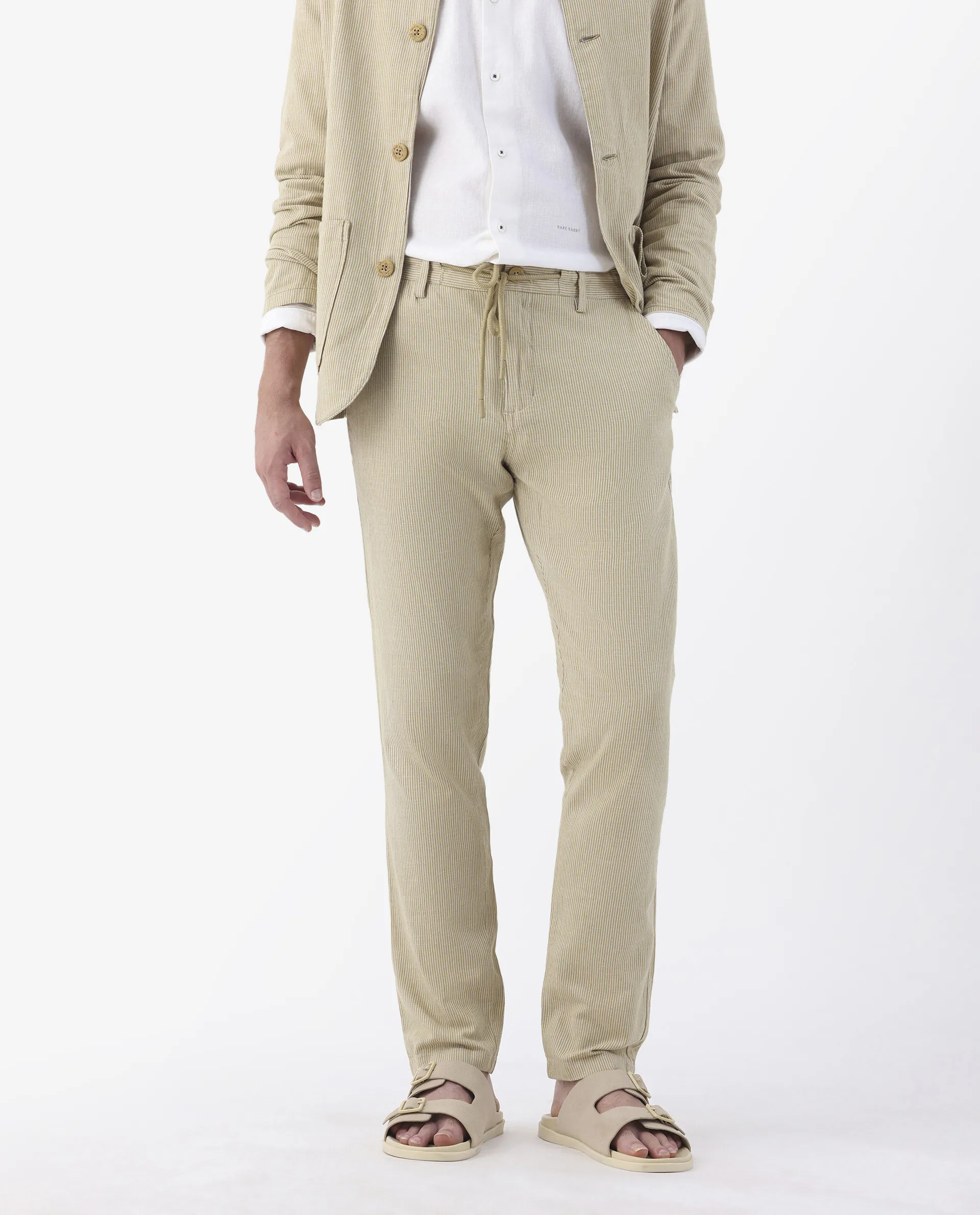 Rare Rabbit Men's Brera Mustard Linen Blend Striped Print Regular Fit Trouser - Image 2