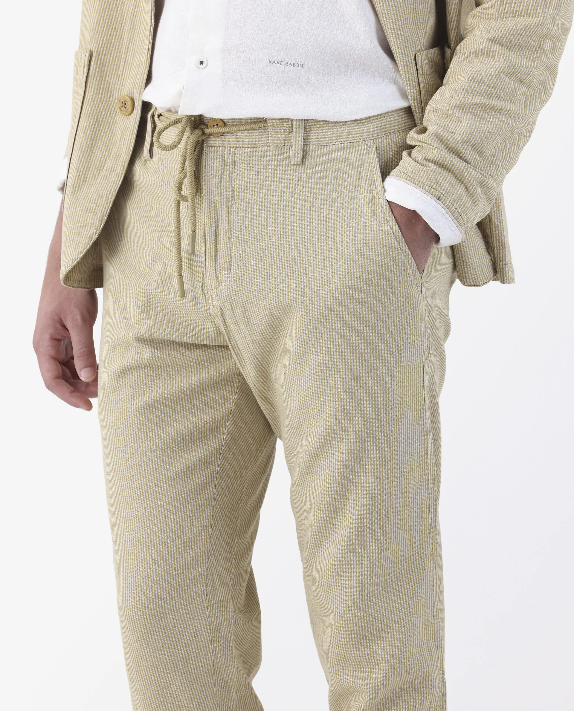 Rare Rabbit Men's Brera Mustard Linen Blend Striped Print Regular Fit Trouser - Image 3