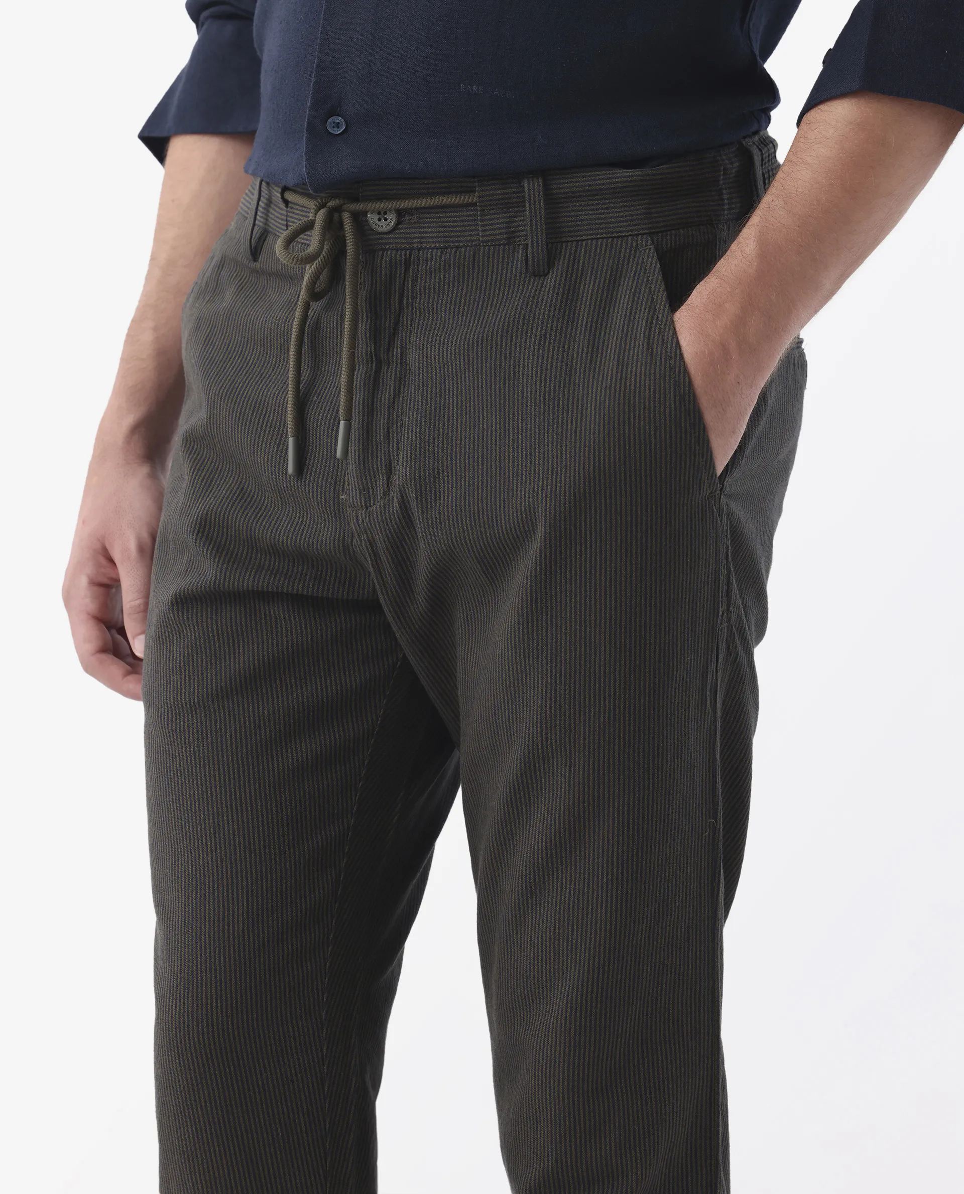 Rare Rabbit Men's Brera Olive Linen Blend Striped Print Regular Fit Trouser - Image 3