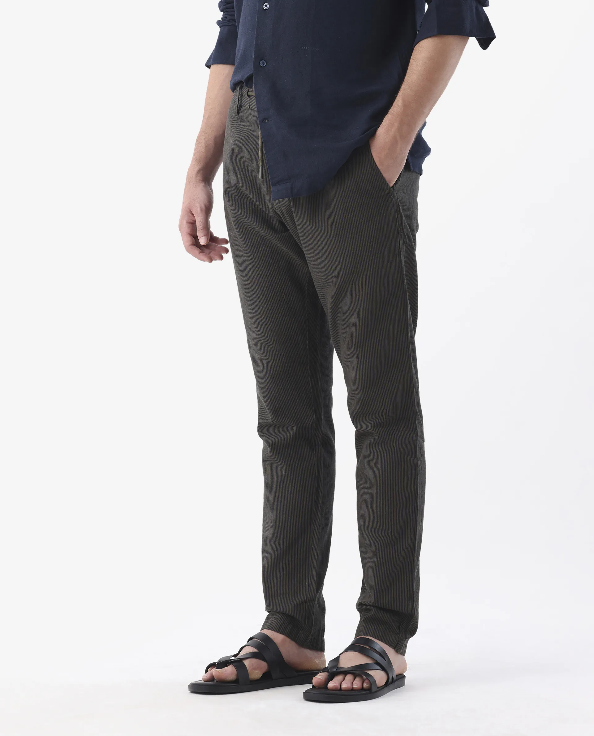Rare Rabbit Men's Brera Olive Linen Blend Striped Print Regular Fit Trouser - Image 5
