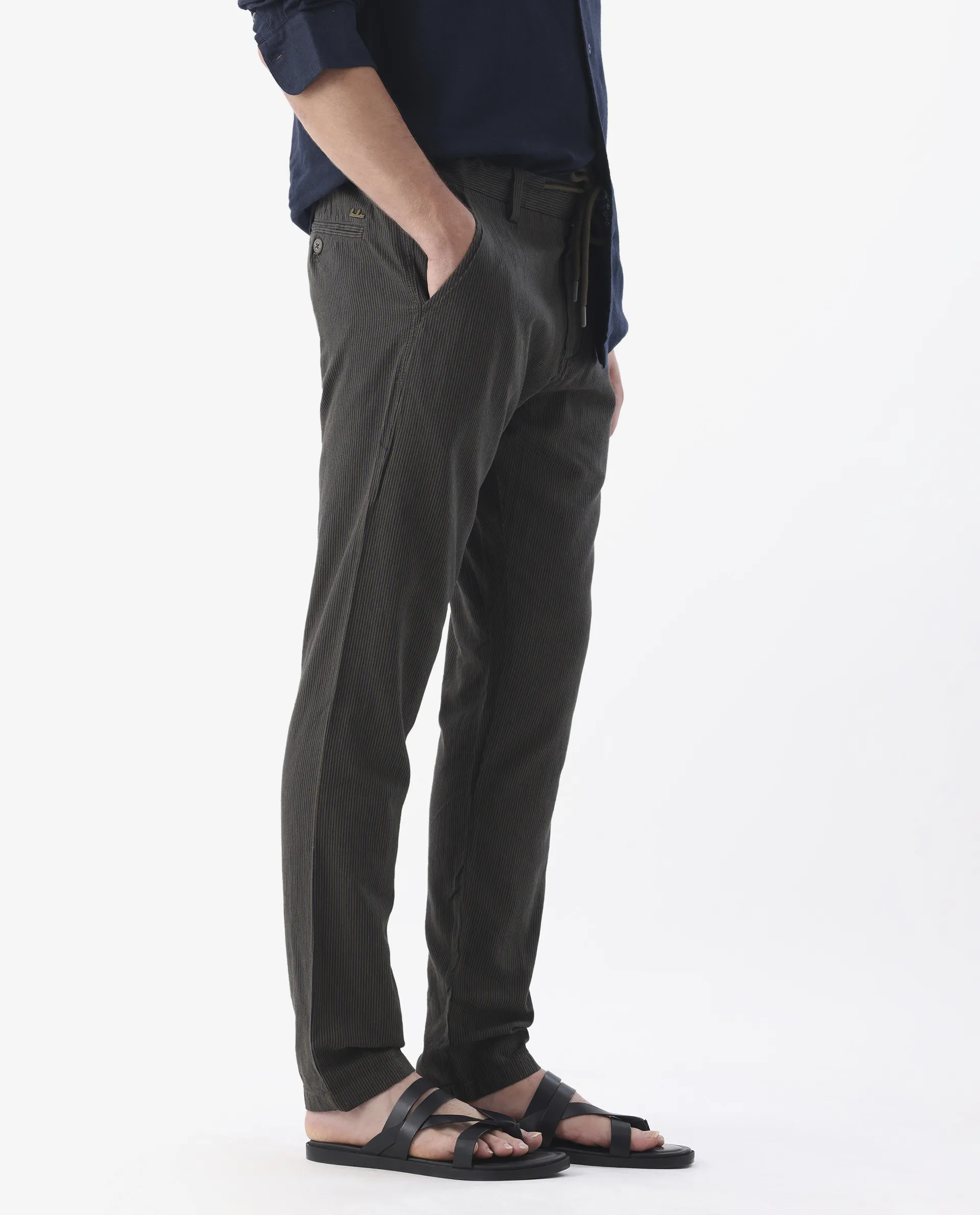 Rare Rabbit Men's Brera Olive Linen Blend Striped Print Regular Fit Trouser - Image 6