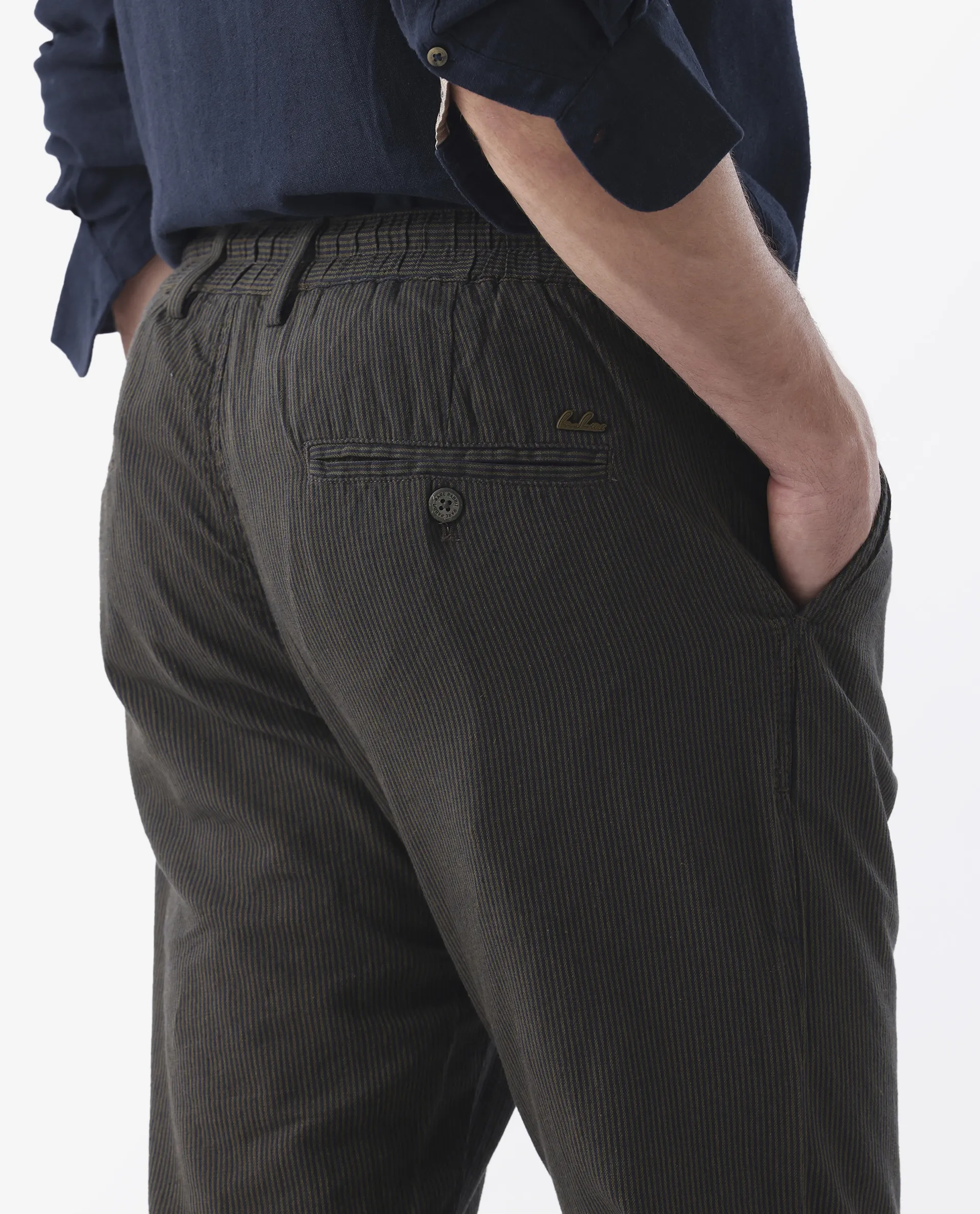 Rare Rabbit Men's Brera Olive Linen Blend Striped Print Regular Fit Trouser - Image 7