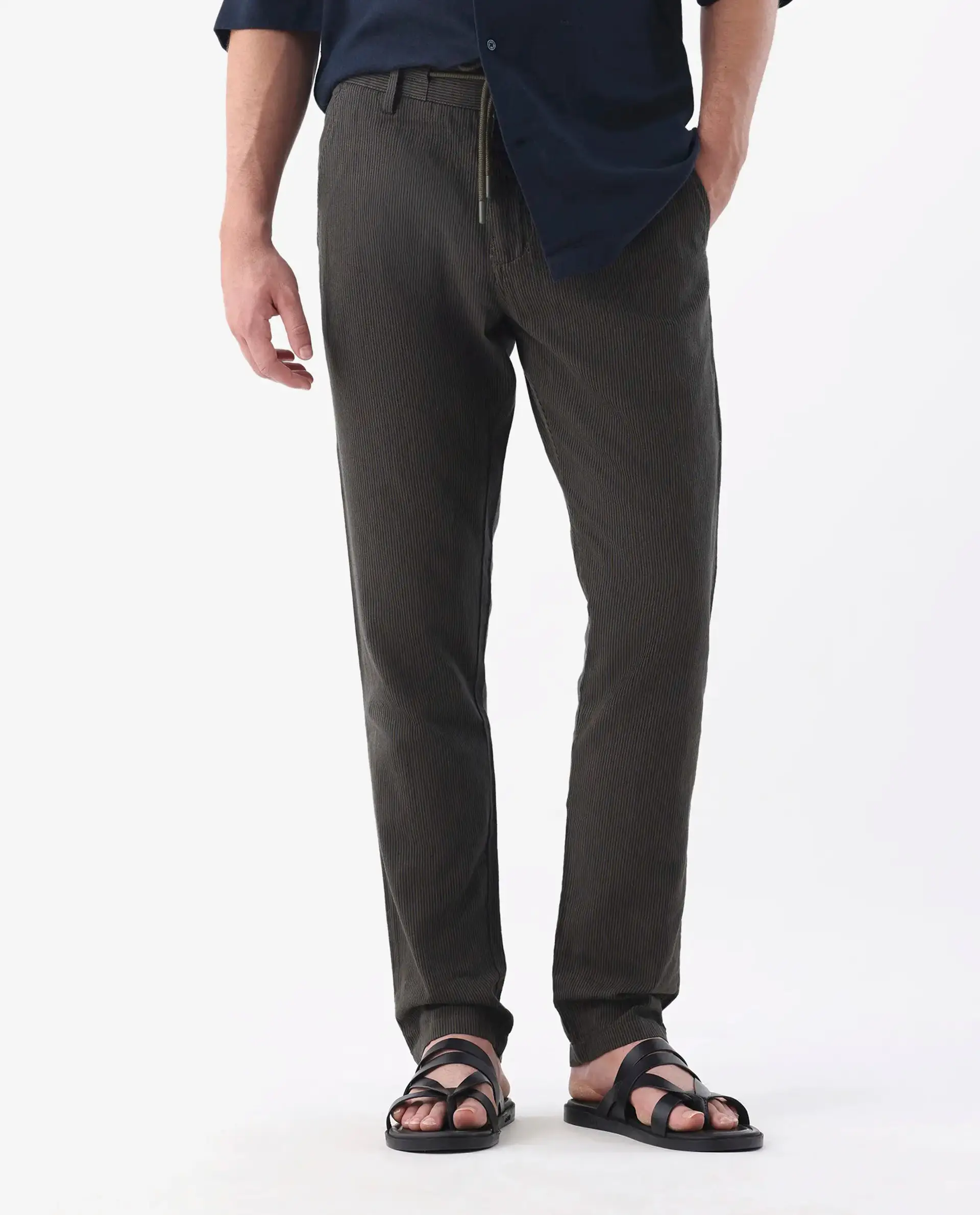 Rare Rabbit Men's Brera Olive Linen Blend Striped Print Regular Fit Trouser - Image 9