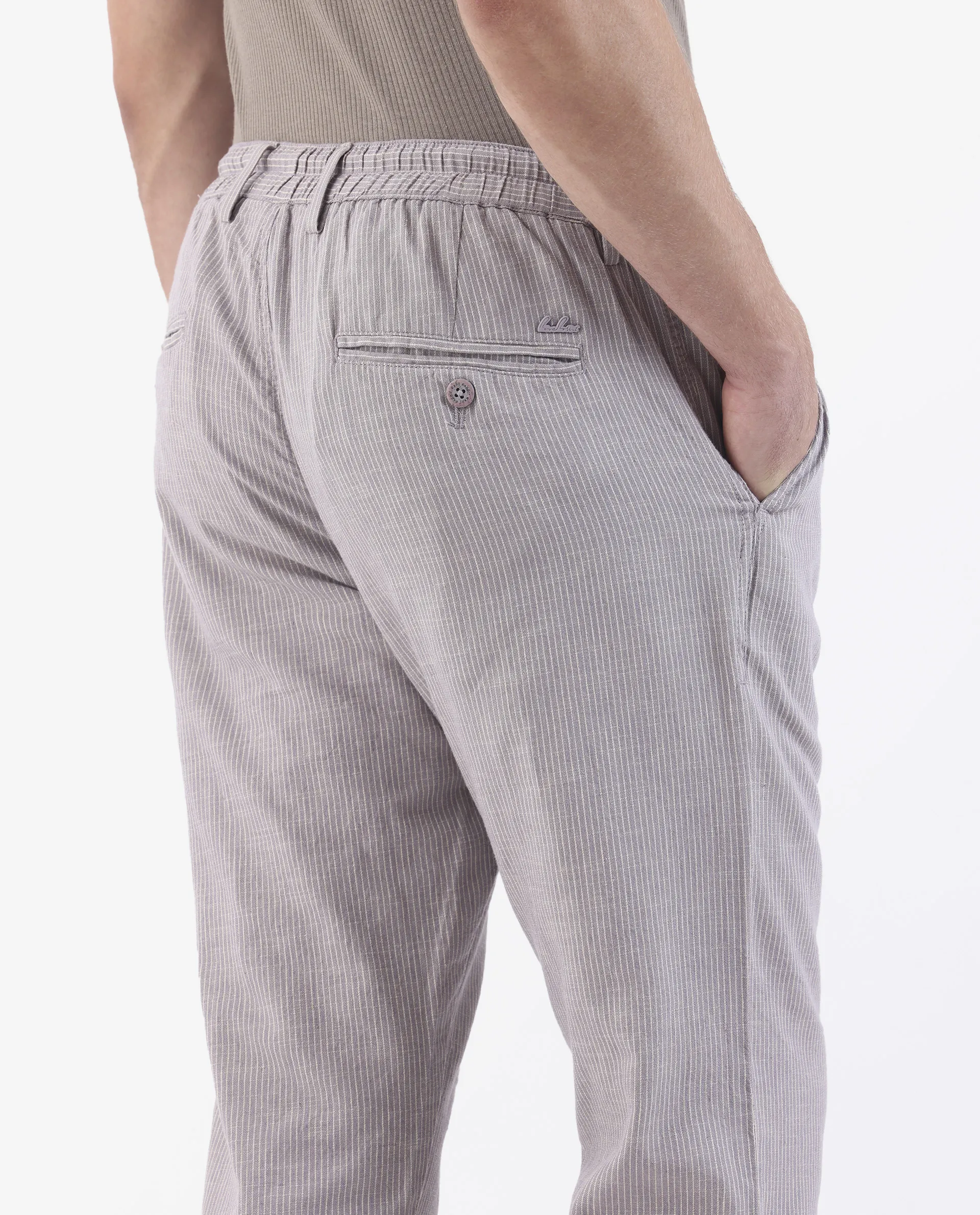 Rare Rabbit Men's Brera Puprle Linen Blend Striped Print Regular Fit Trouser - Image 7