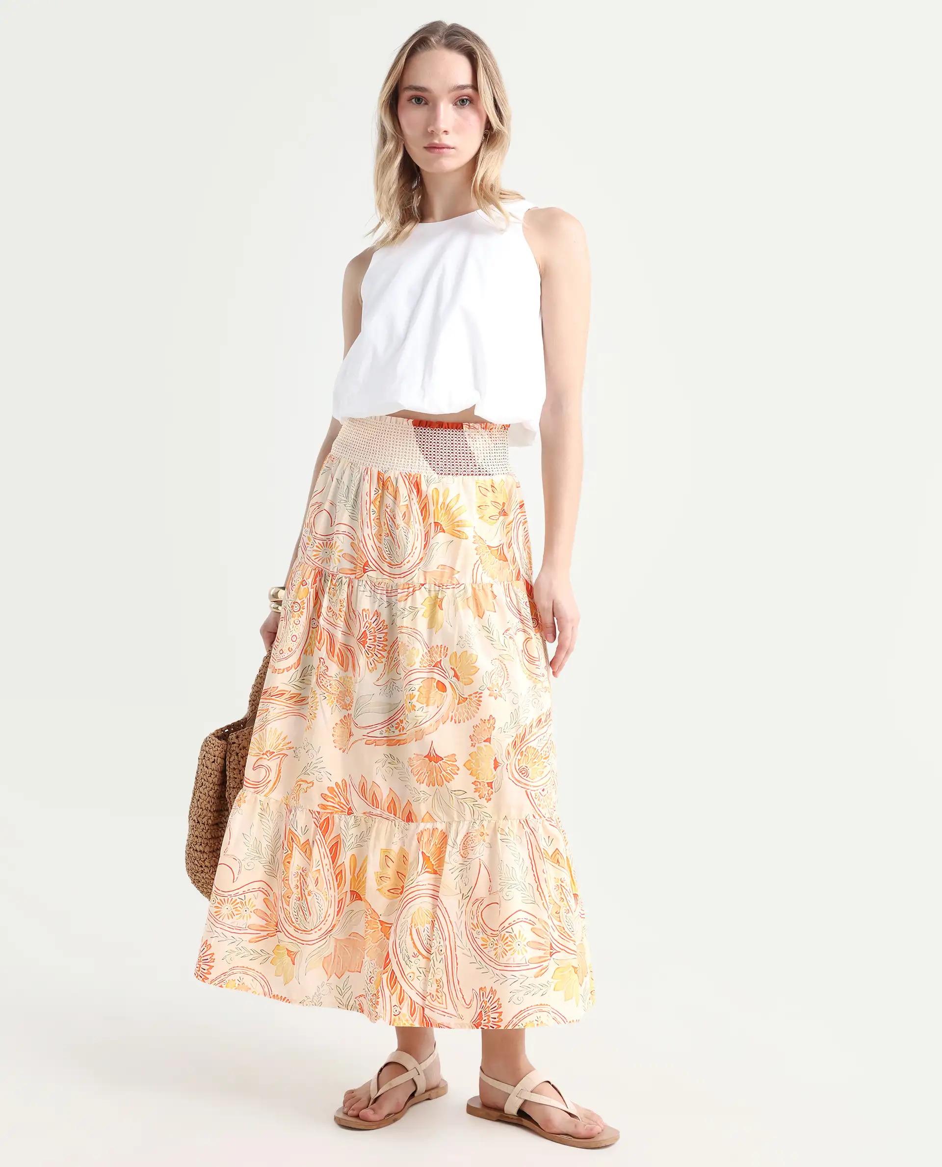 Rareism Women's Bresica Light Multi Cotton Paisley Print Midi Flared Skirt