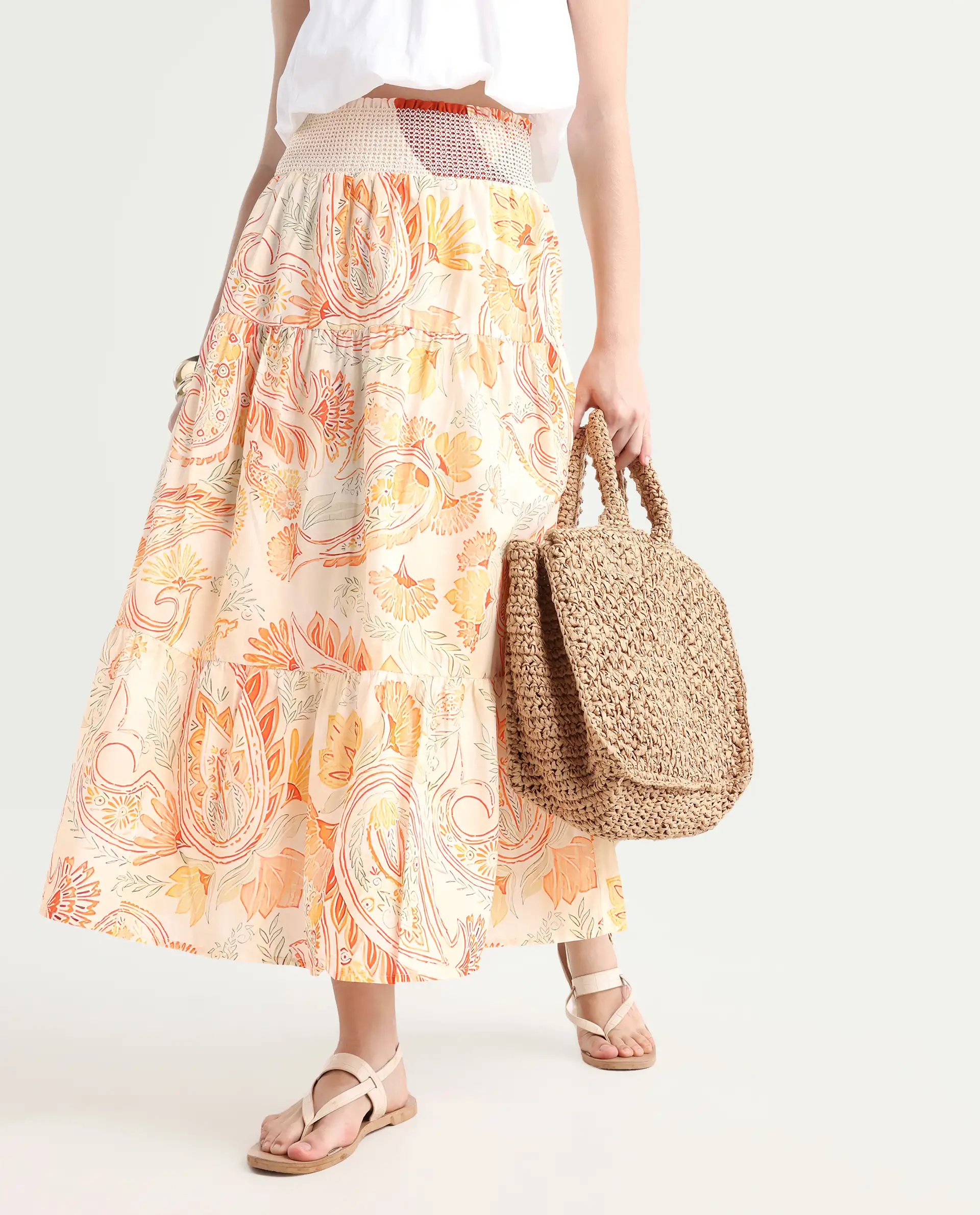 Rareism Women's Bresica Light Multi Cotton Paisley Print Midi Flared Skirt - Image 2