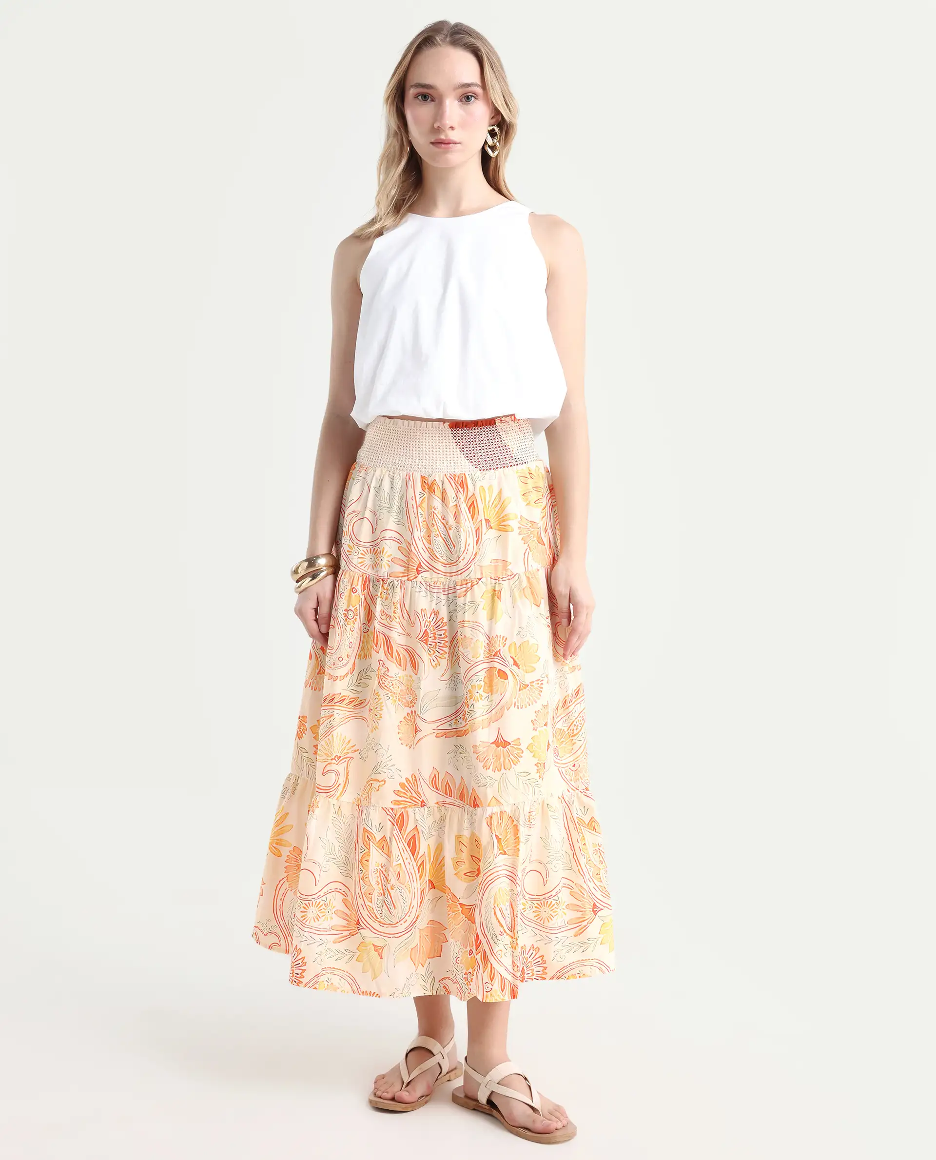 Rareism Women's Bresica Light Multi Cotton Paisley Print Midi Flared Skirt - Image 3