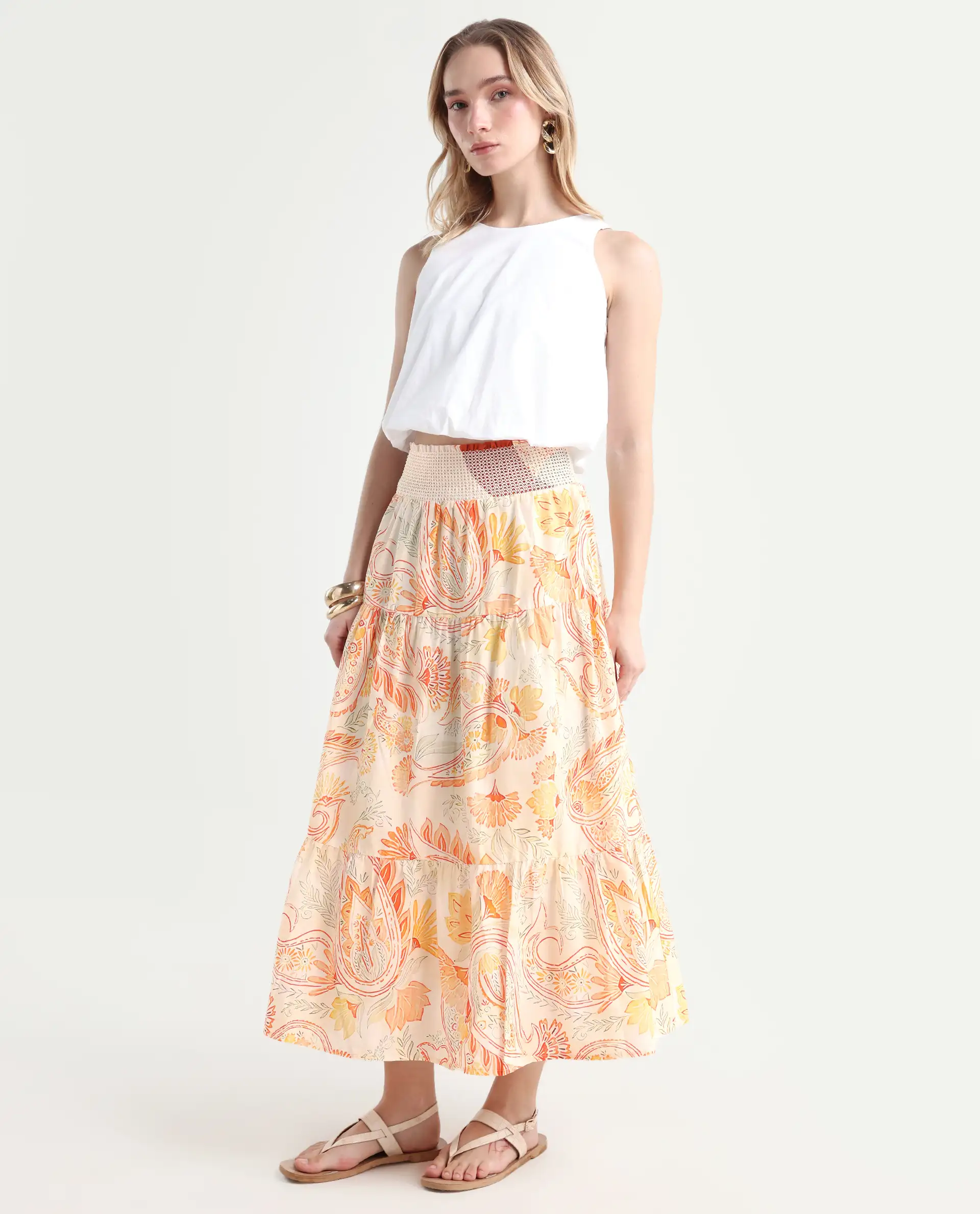 Rareism Women's Bresica Light Multi Cotton Paisley Print Midi Flared Skirt - Image 4