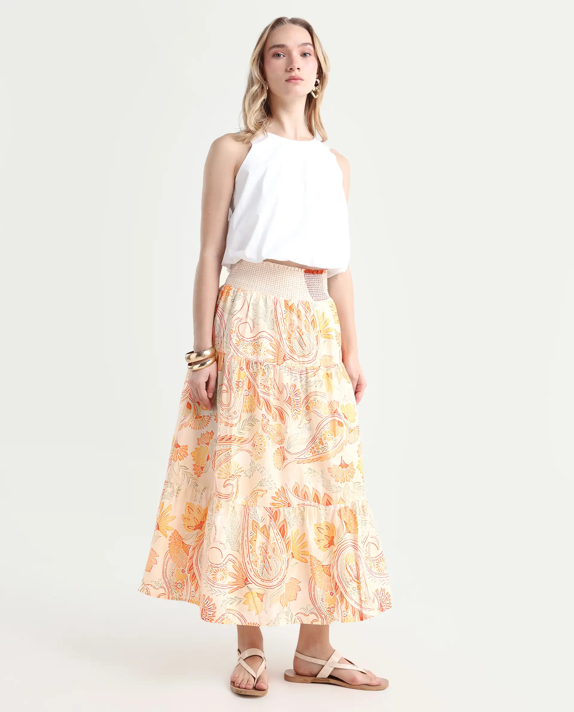 Rareism Women's Bresica Light Multi Cotton Paisley Print Midi Flared Skirt - Image 5