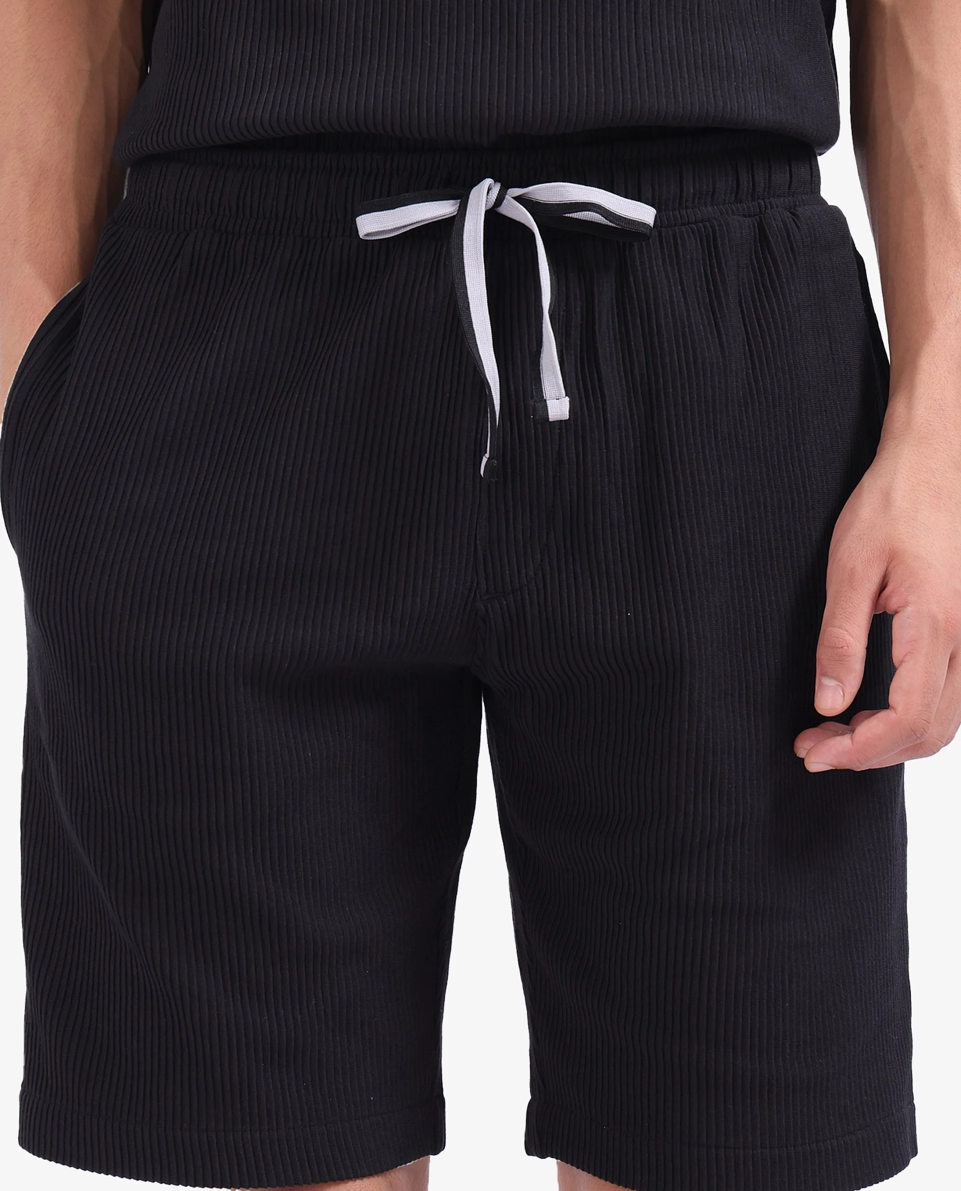 Rare Rabbit Men's Breto-1 Black Cotton Textured Regular Fit Shorts - Image 3