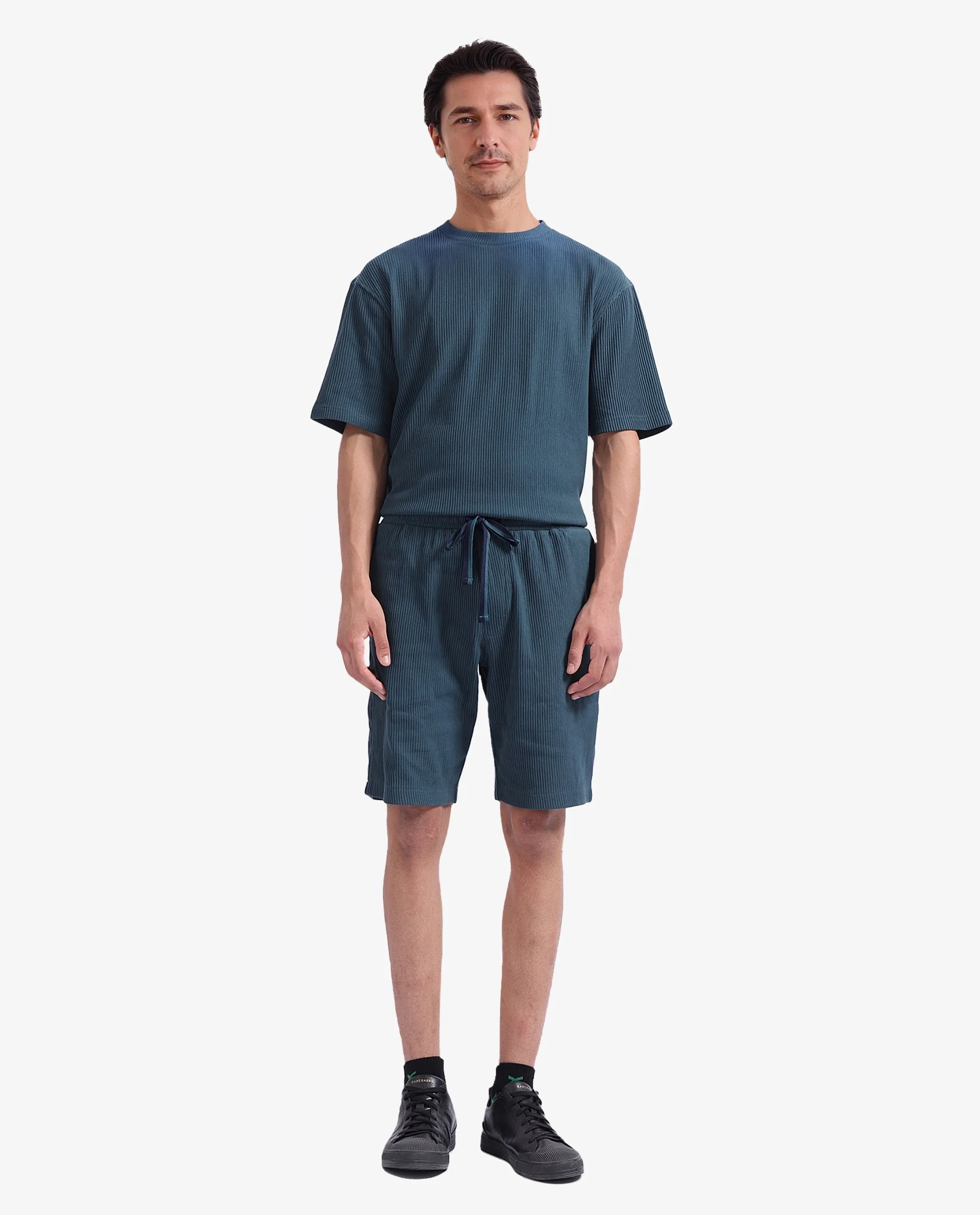 Rare Rabbit Men's Breto-1 Dark Green Cotton Textured Regular Fit Shorts - Image 2