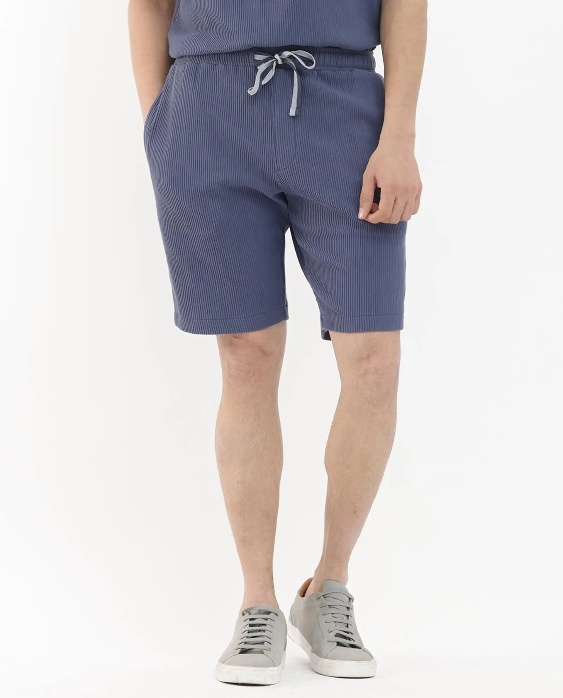 Rare Rabbit Men's Breto Dusky Blue Cotton Textured Relaxed Fit Shorts - Image 12