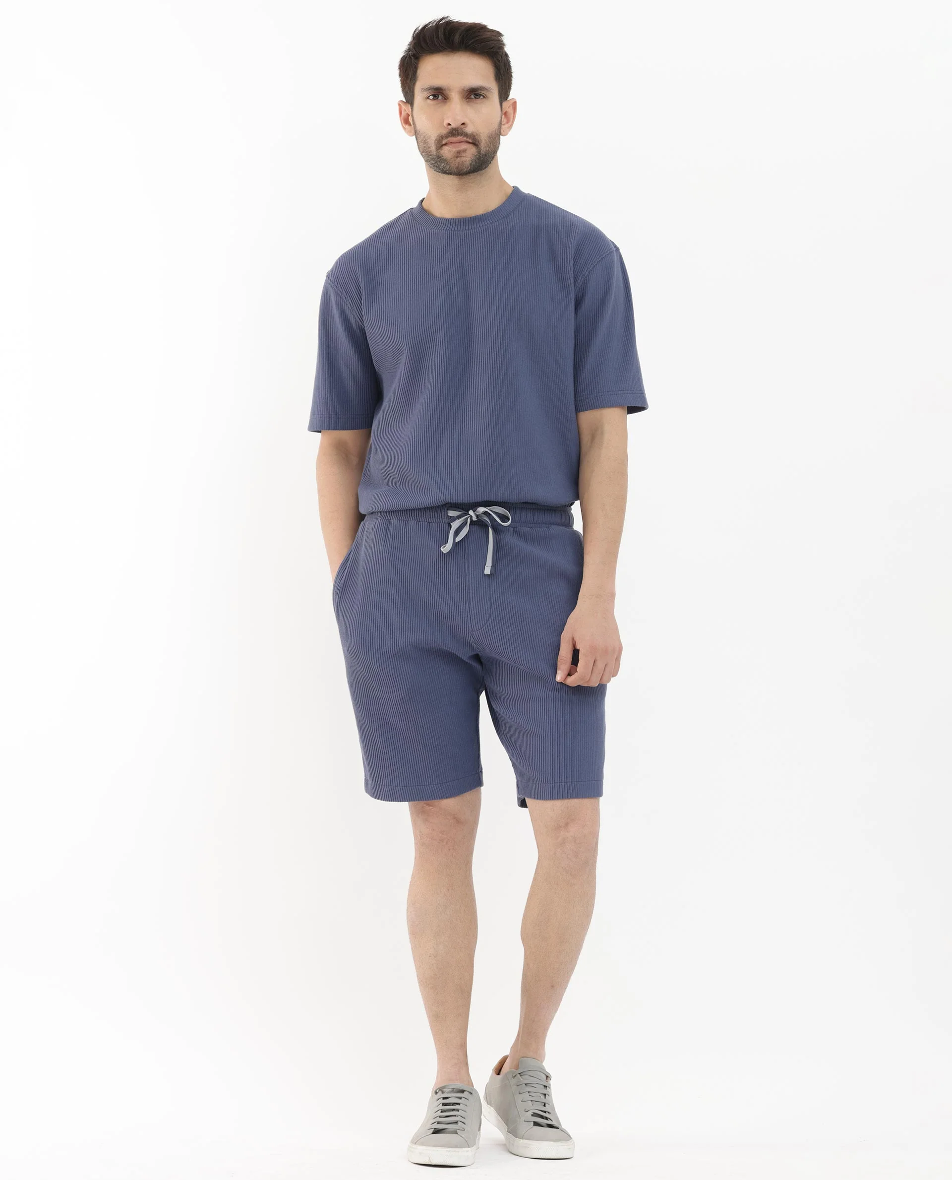 Rare Rabbit Men's Breto Dusky Blue Cotton Textured Relaxed Fit Shorts - Image 2