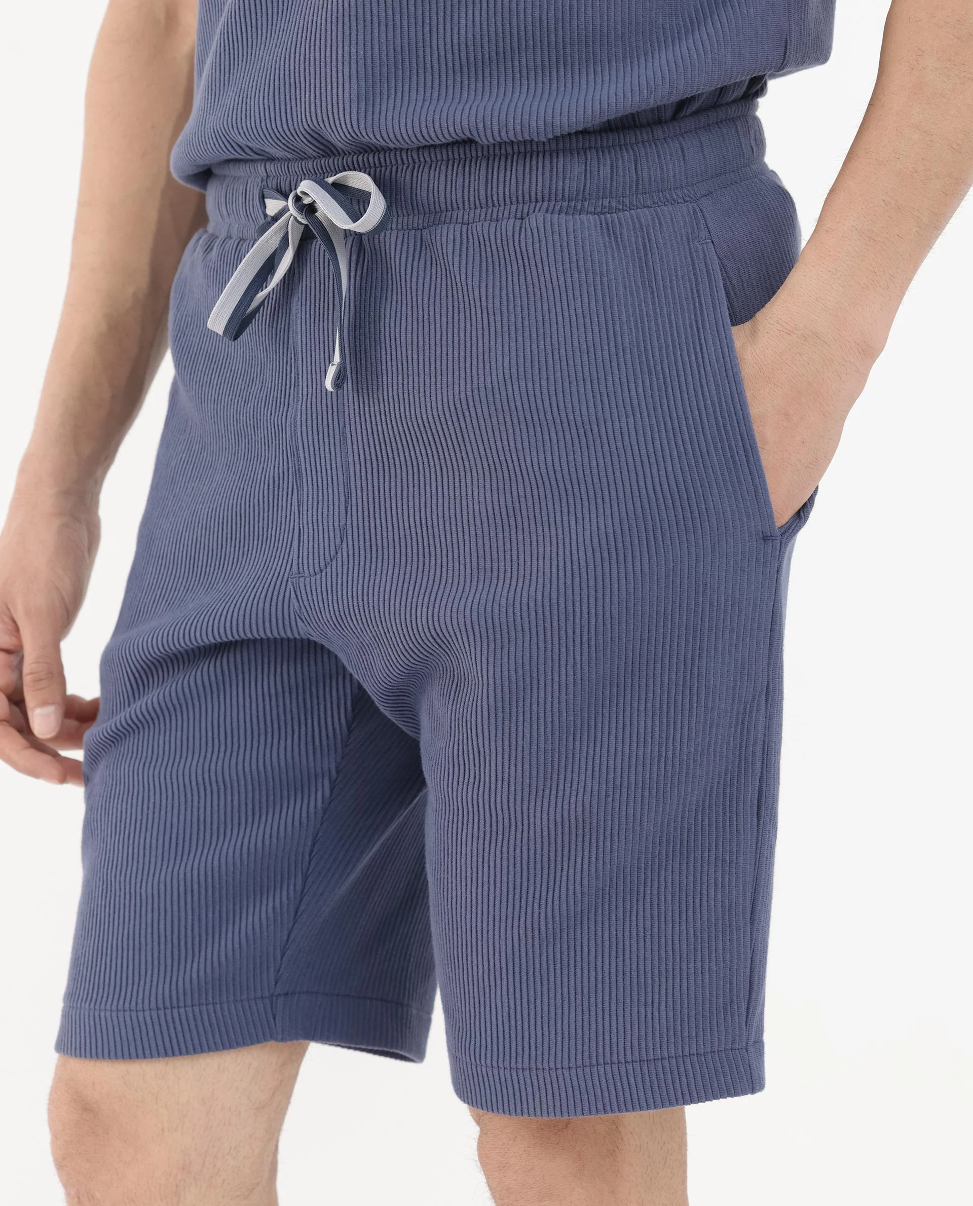 Rare Rabbit Men's Breto Dusky Blue Cotton Textured Relaxed Fit Shorts - Image 3