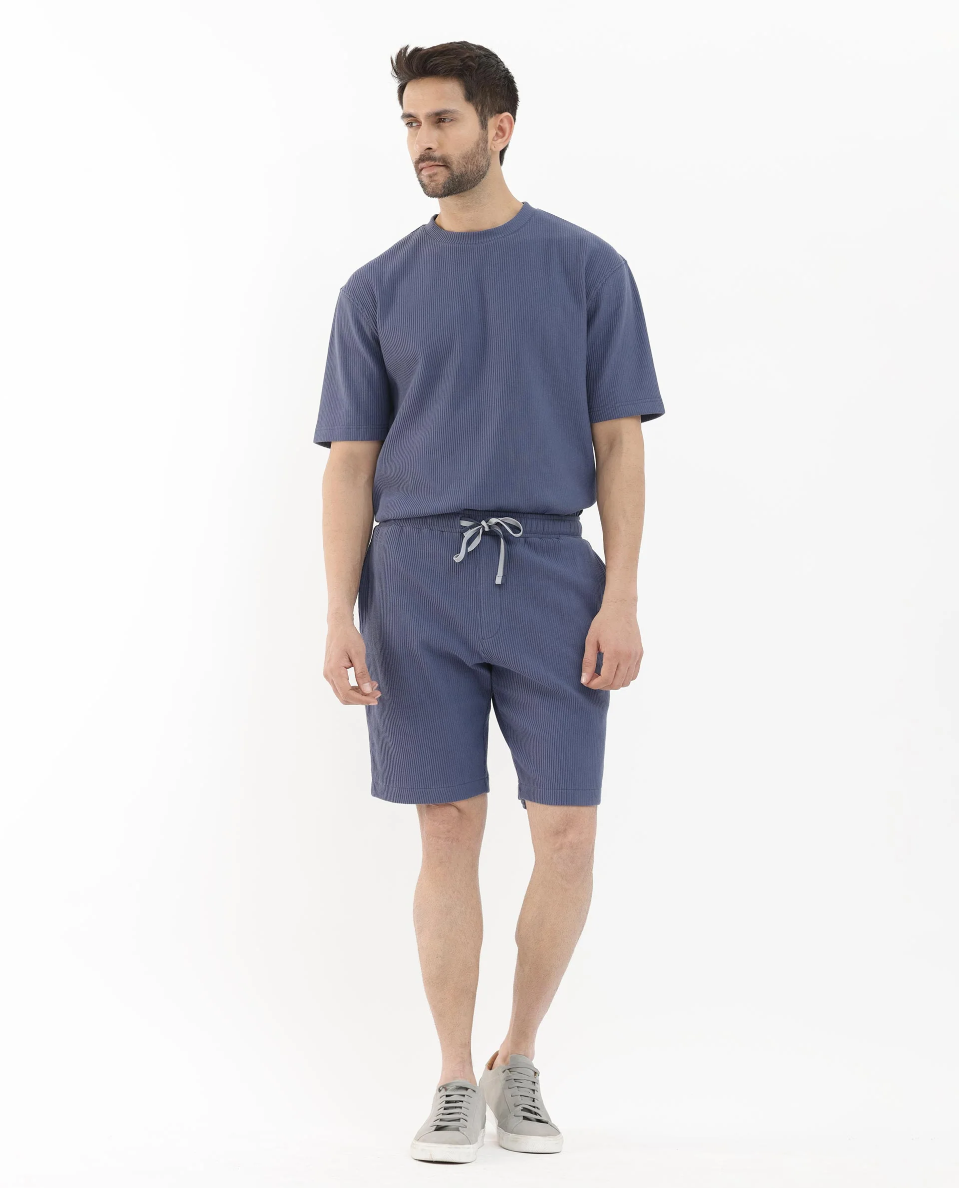 Rare Rabbit Men's Breto Dusky Blue Cotton Textured Relaxed Fit Shorts - Image 5