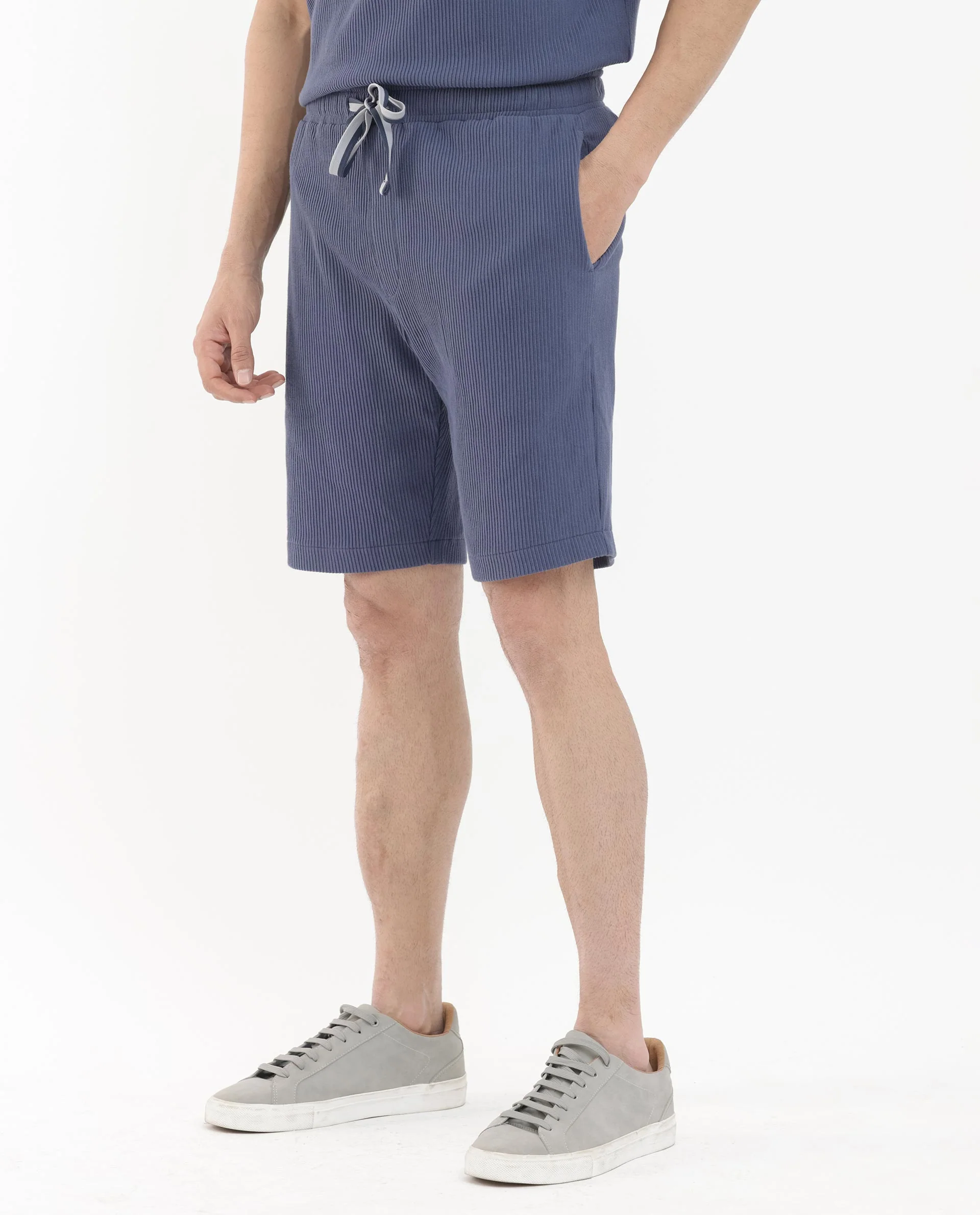 Rare Rabbit Men's Breto Dusky Blue Cotton Textured Relaxed Fit Shorts - Image 6