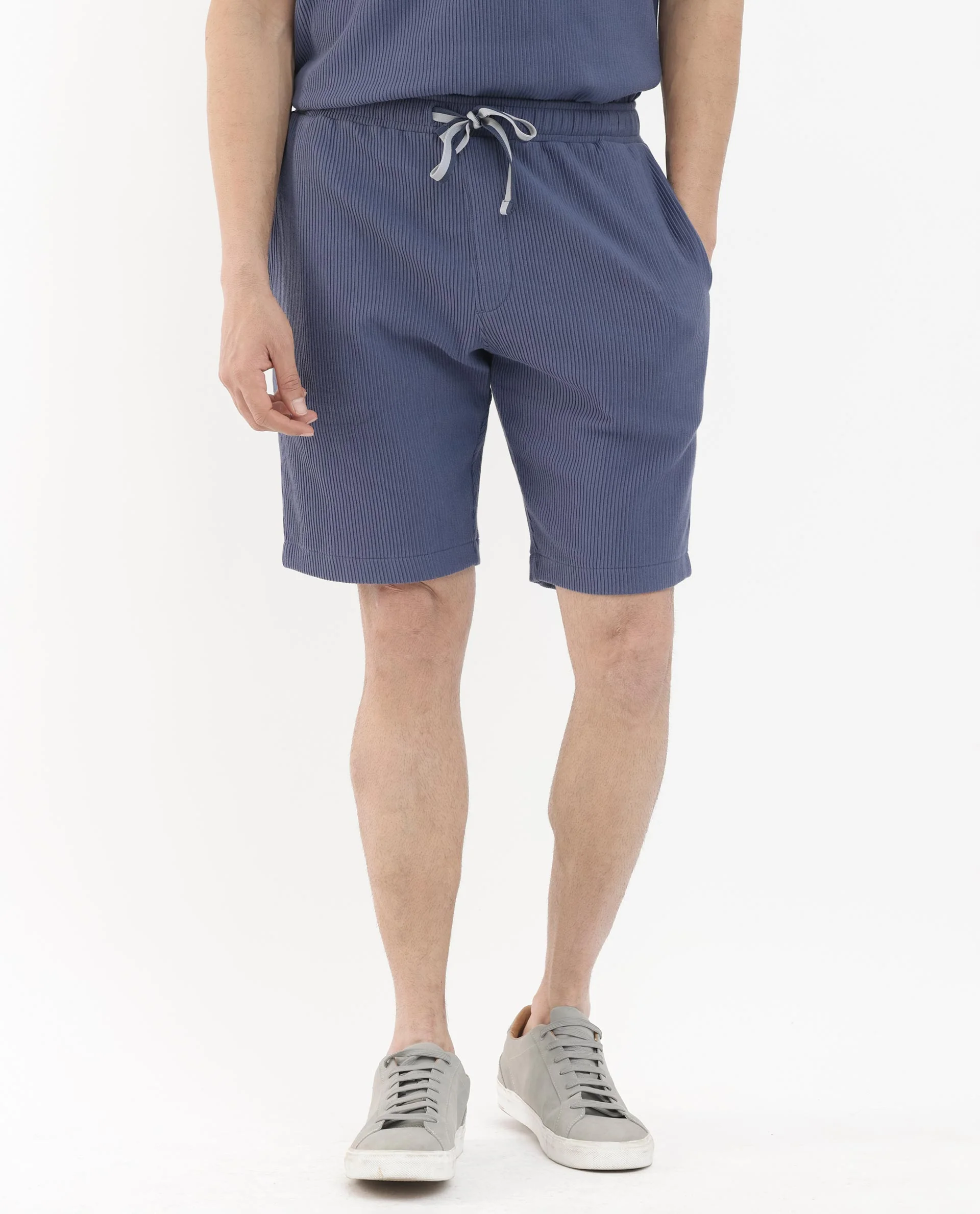 Rare Rabbit Men's Breto Dusky Blue Cotton Textured Relaxed Fit Shorts - Image 9
